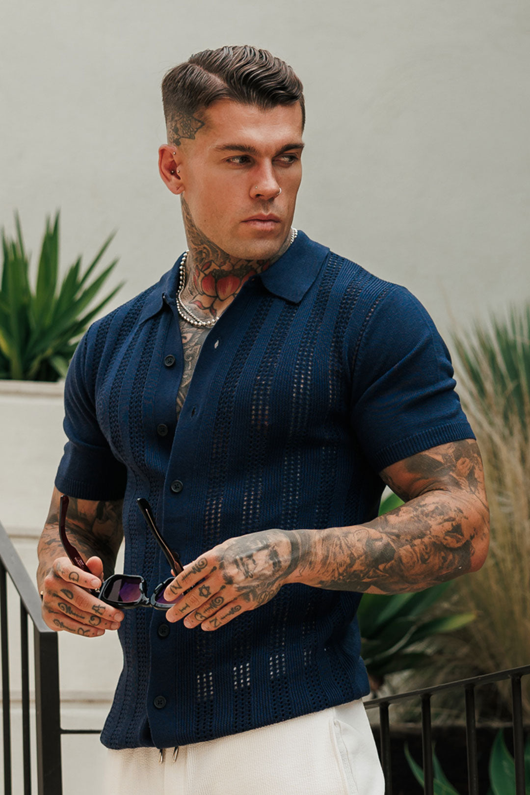 Navy Stripe Perforated Shirt Short Sleeve -  FSA020