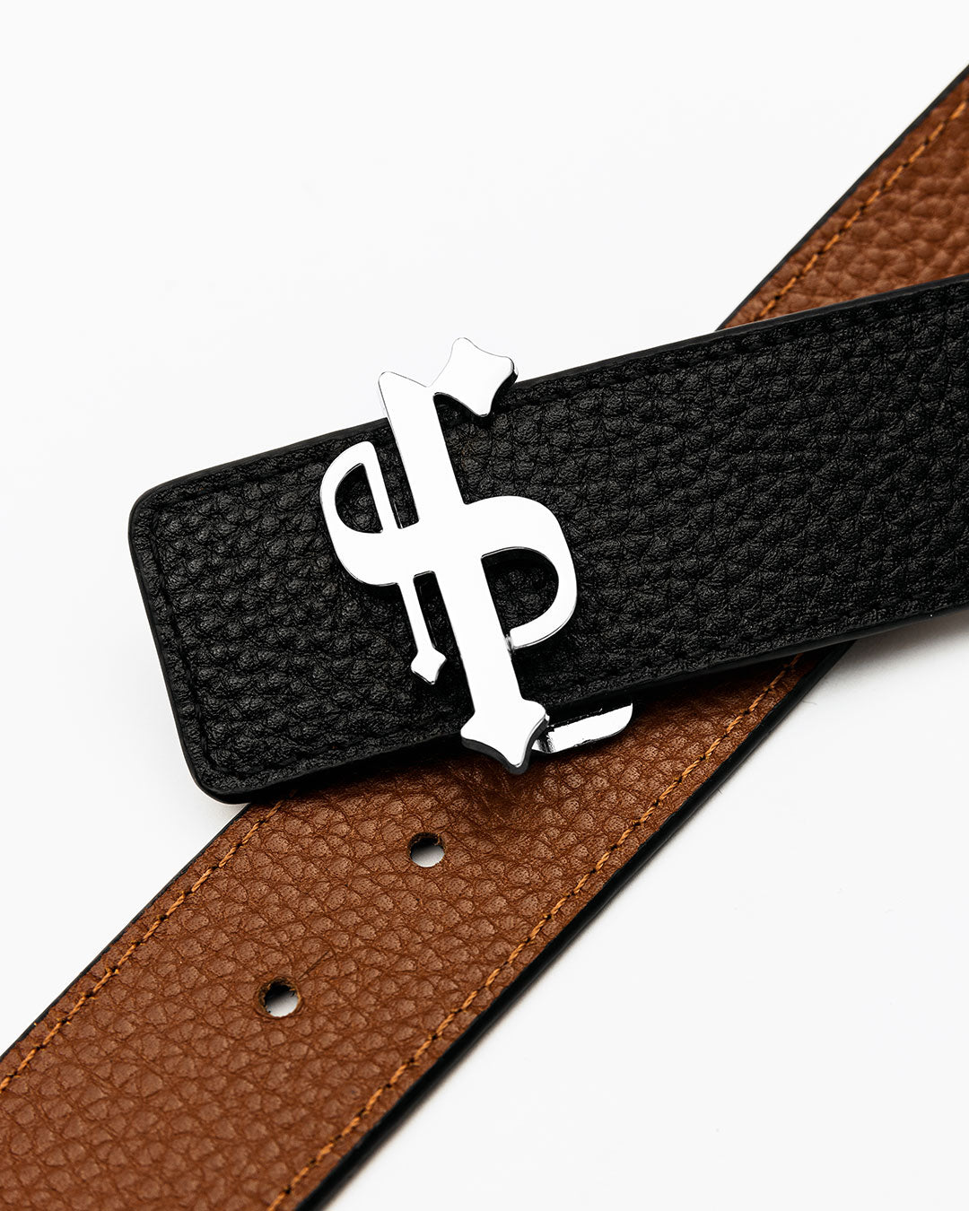 Black / Tan Leather Reversible Belt with Silver FS Buckle - FSBELT002