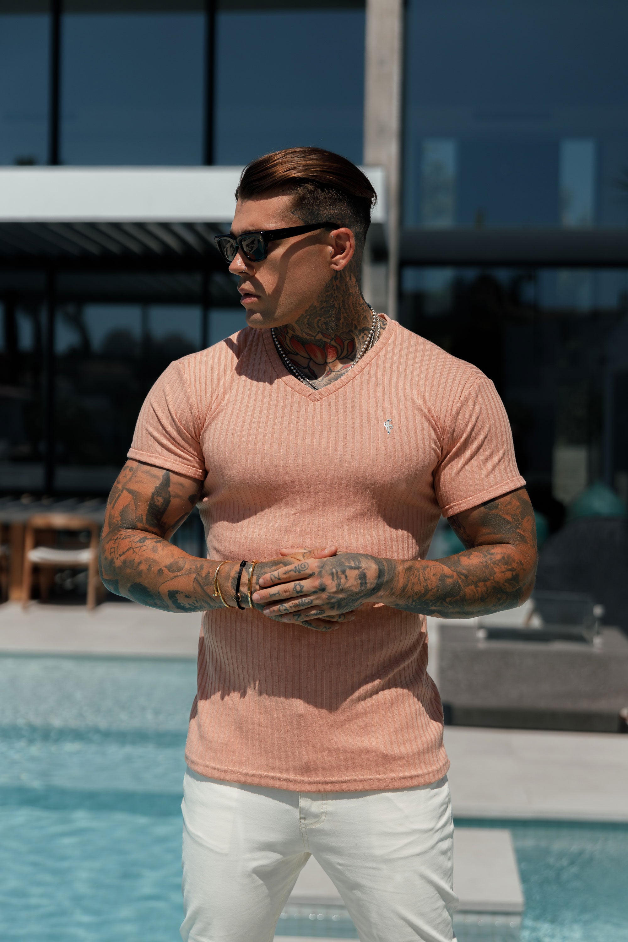 Classic Peach / Silver V Neck Ribbed Crew - FSH1129