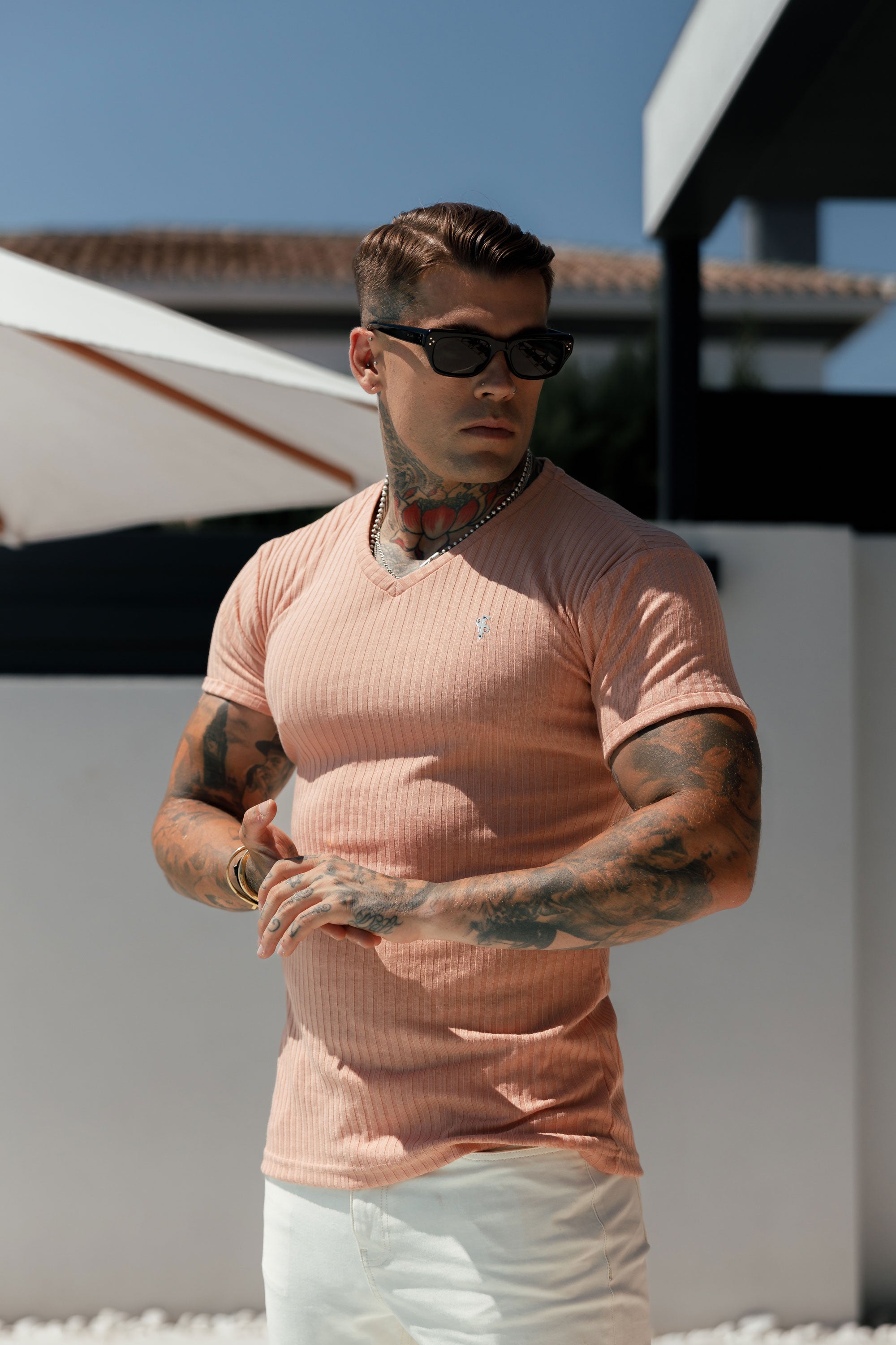 Classic Peach / Silver V Neck Ribbed Crew - FSH1129