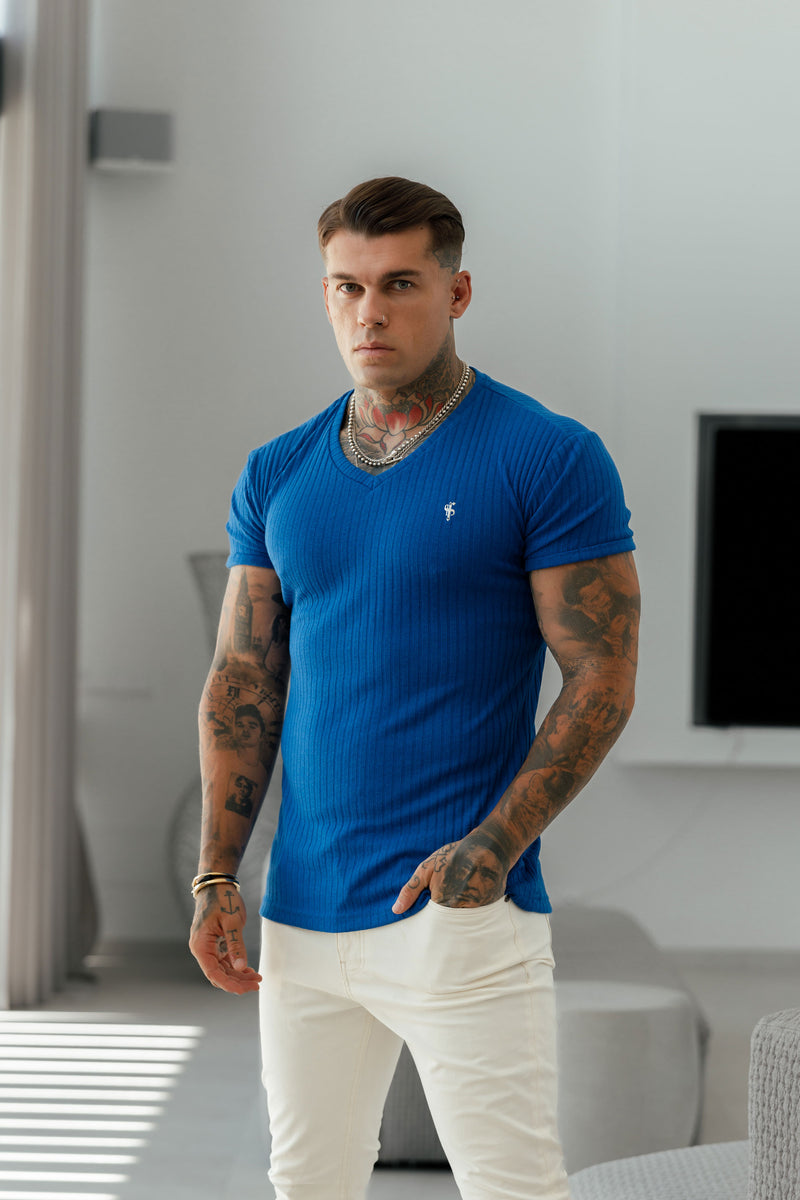 Father Sons Classic Royal Blue / Silver V Neck Ribbed Crew - FSH1132