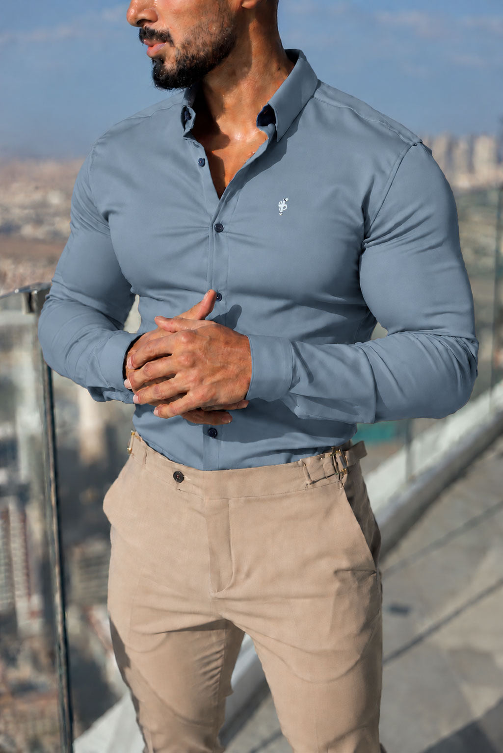 Super Slim Stretch Steel Blue Denim Long Sleeve with Silver Metal Decal and Cutaway Collar - FS1313 (PRE ORDER 22ND OCTOBER)