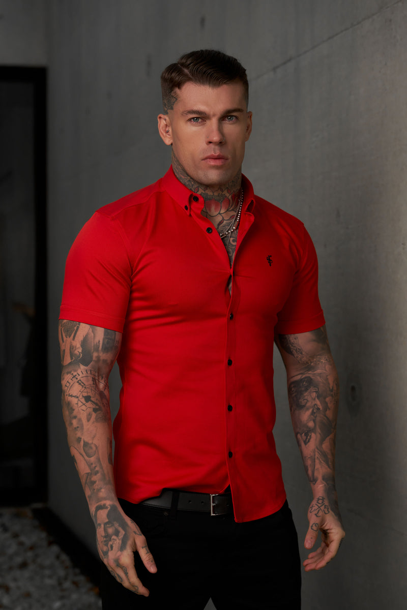 Father Sons Super Slim Denim Red Short Sleeve Stretch with Button Down Collar - FS1038