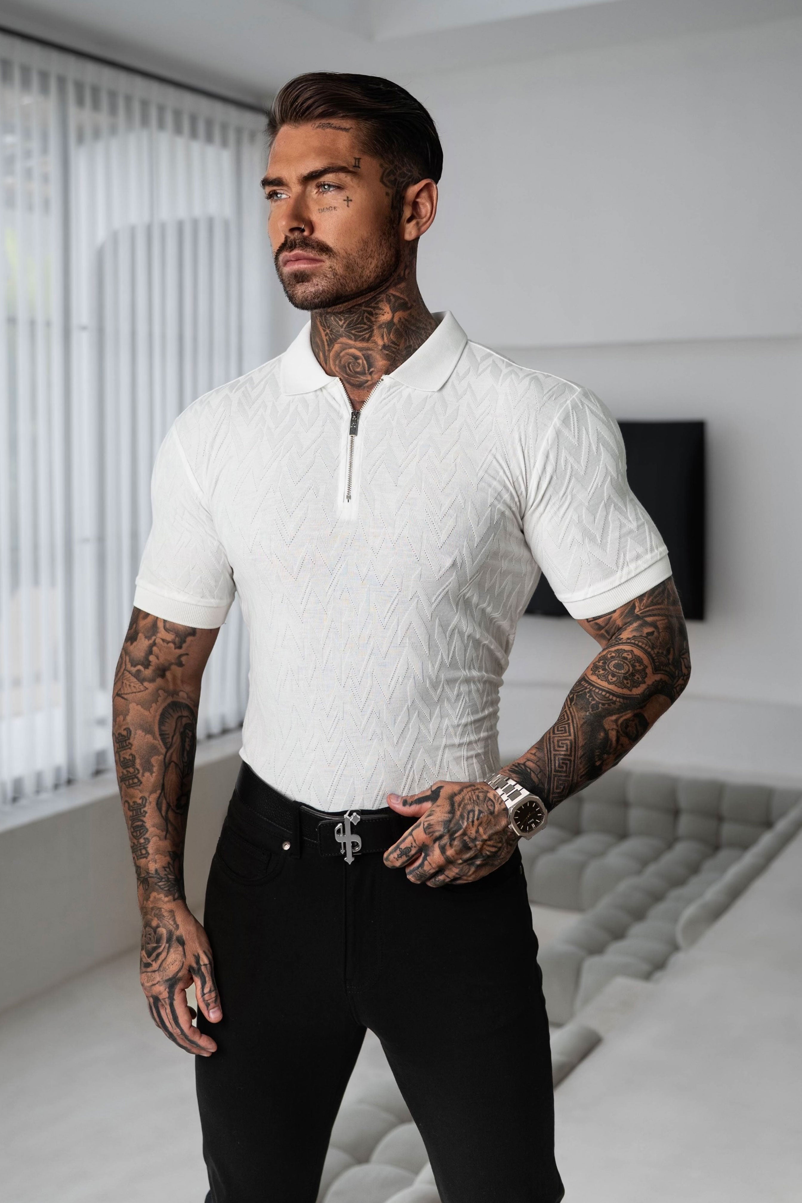 Classic Jacquard White Chevron Zipped Polo - FSR020