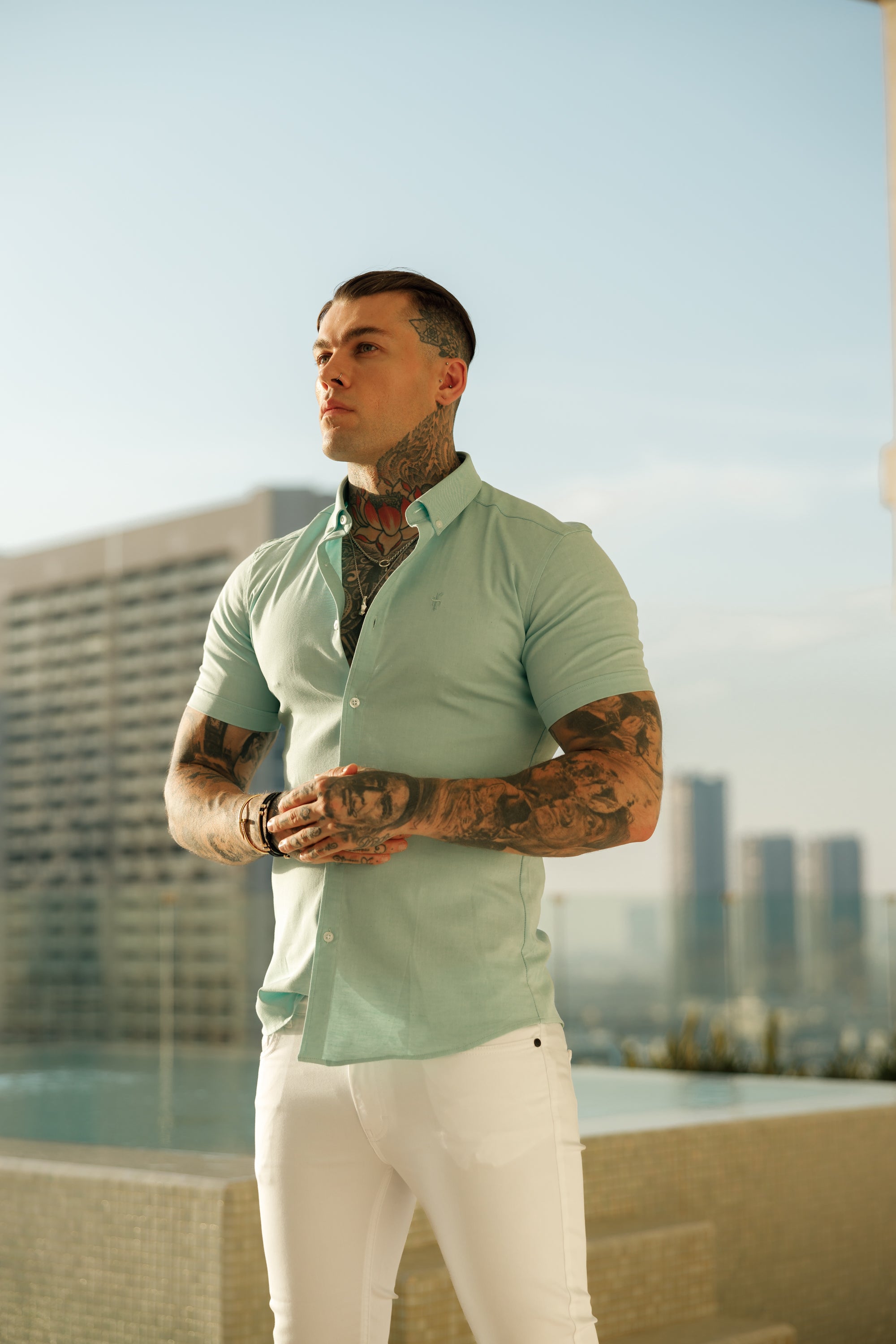 Super Slim Stretch Classic Oxford Mint Short Sleeve - FS311