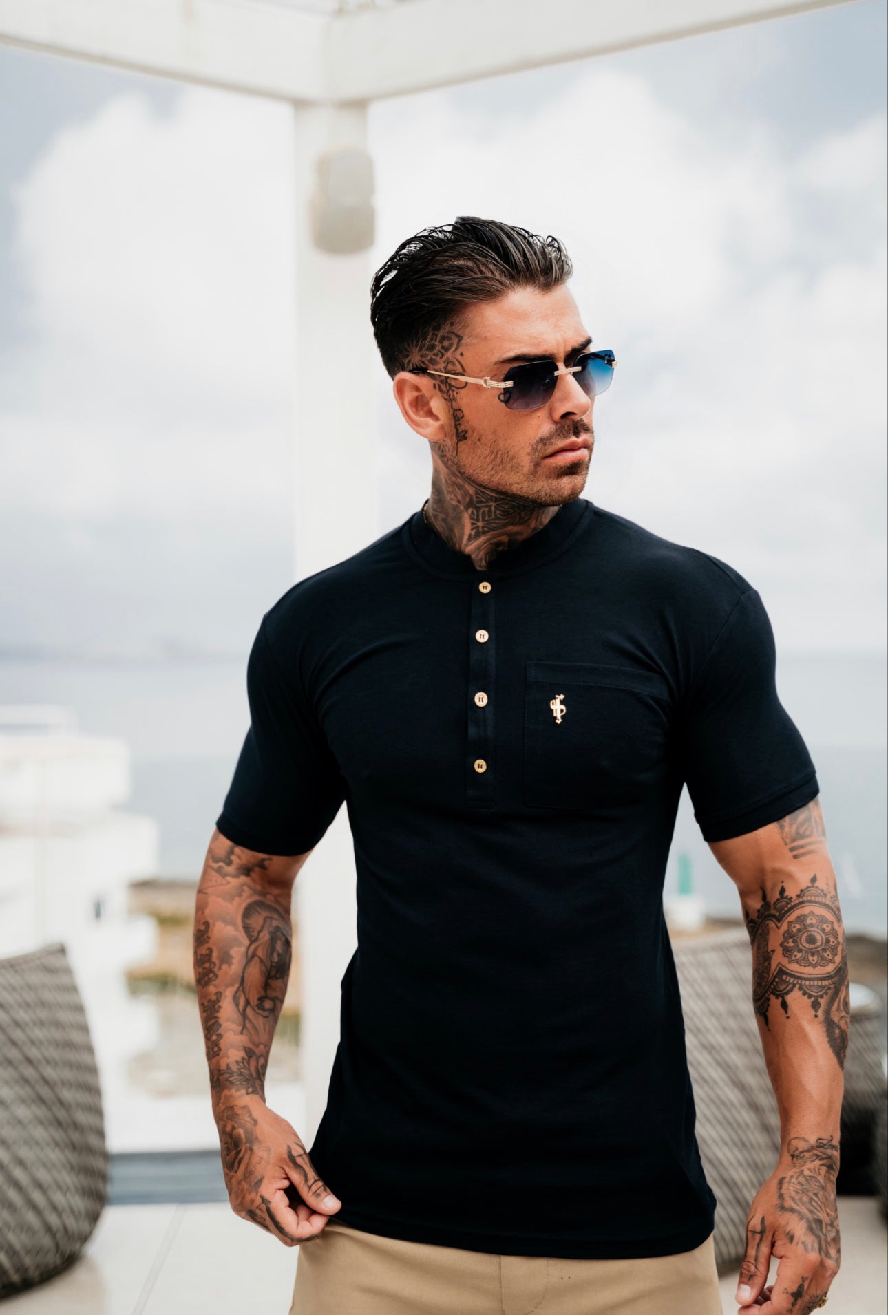Classic Navy and Gold Grandad Polo Shirt With Pocket - FSH828