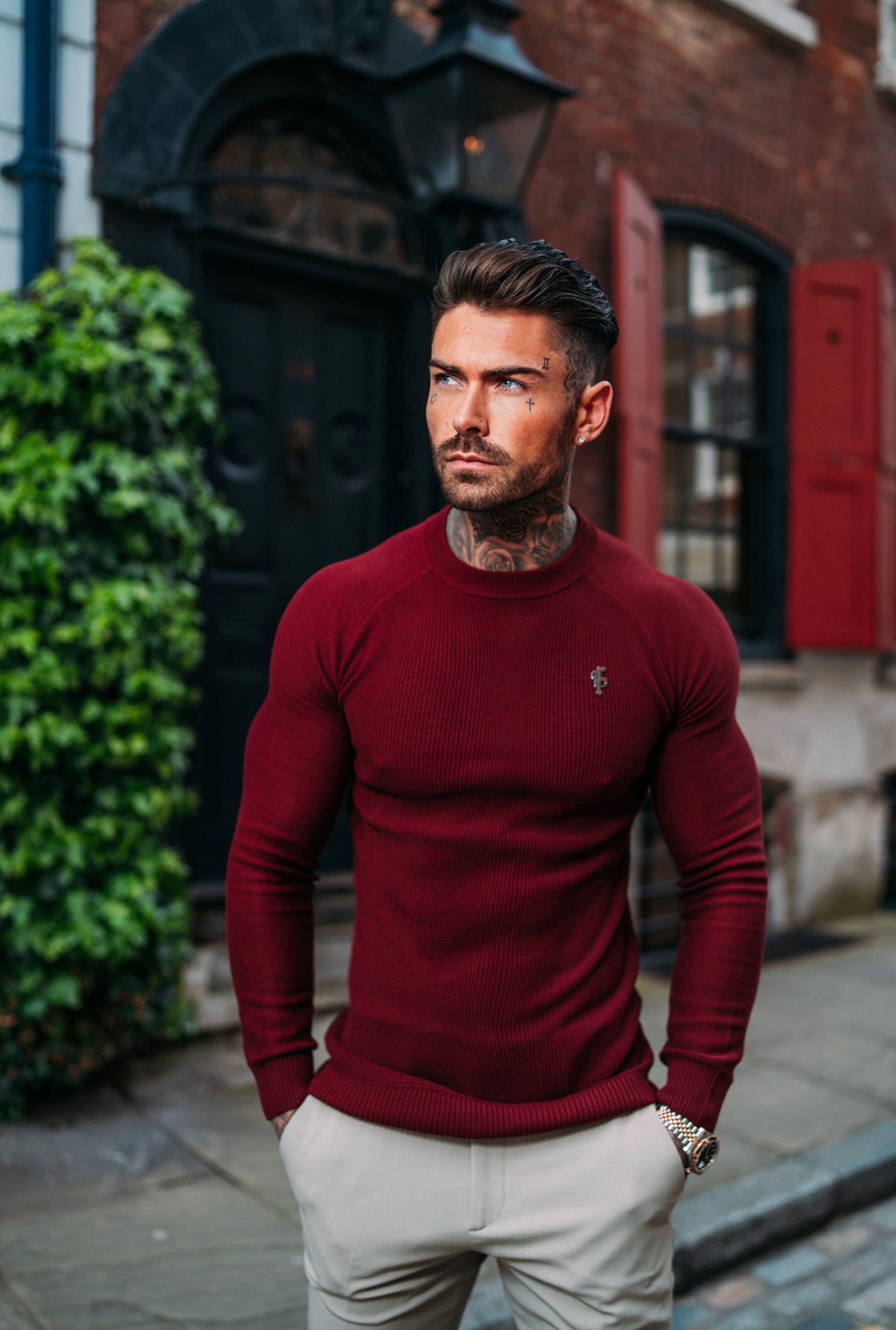 Burgundy Knitted Honeycomb Raglan Crew Super Slim Jumper With Metal Decal - FSN065