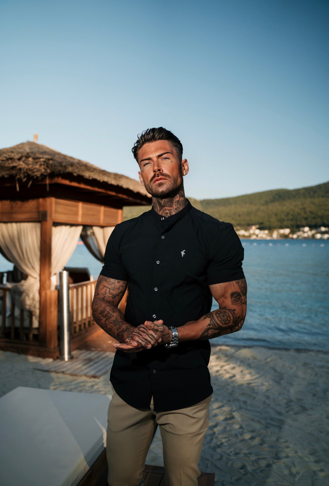 Super Slim Stretch Classic Black Grandad Collar Short Sleeve - FS173