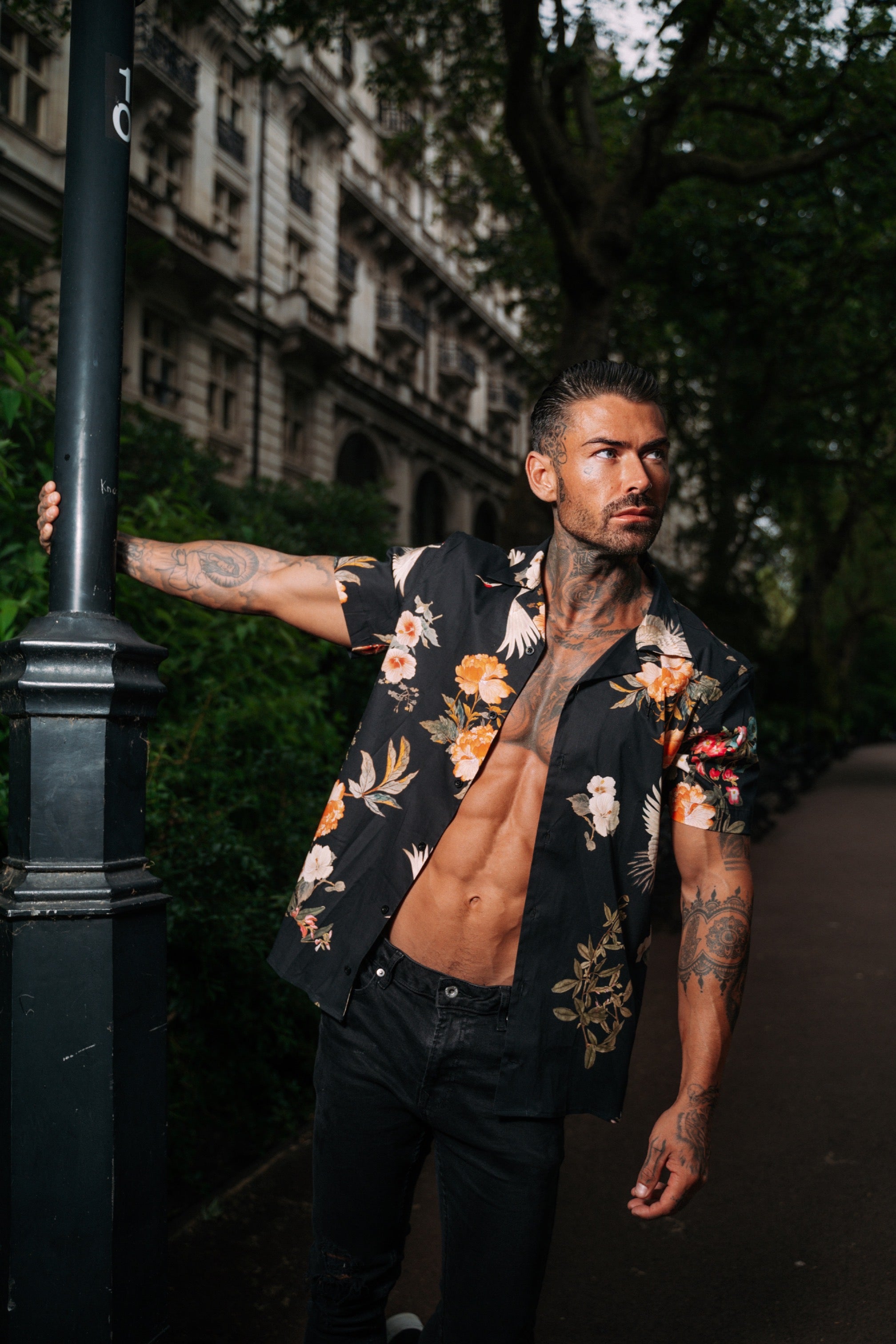 Hawaiian Boxy Crane Print Stretch with Revere Collar Short Sleeve - FS947