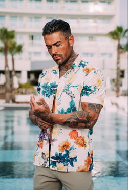 Father Sons Hawaiian Boxy Vibrant Floral Print Stretch with Revere Collar Short Sleeve - FS948