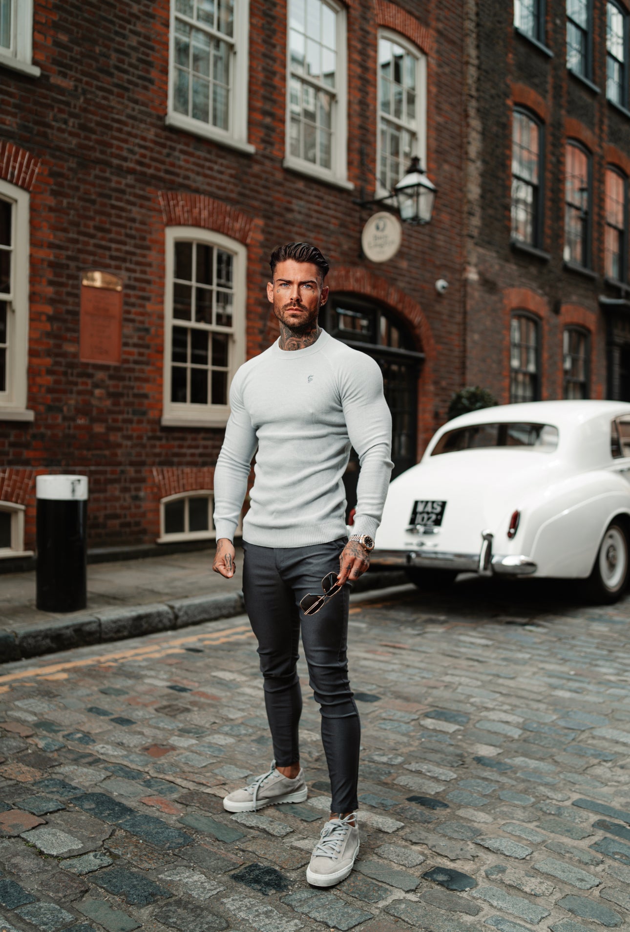 Grey Knitted Honeycomb Raglan Crew Super Slim Jumper With Metal Decal - FSN063