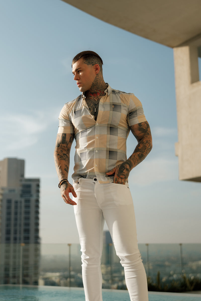 Father Sons Super Slim Stretch Peach / Grey Check Print Short Sleeve with Button Down Collar - FS900