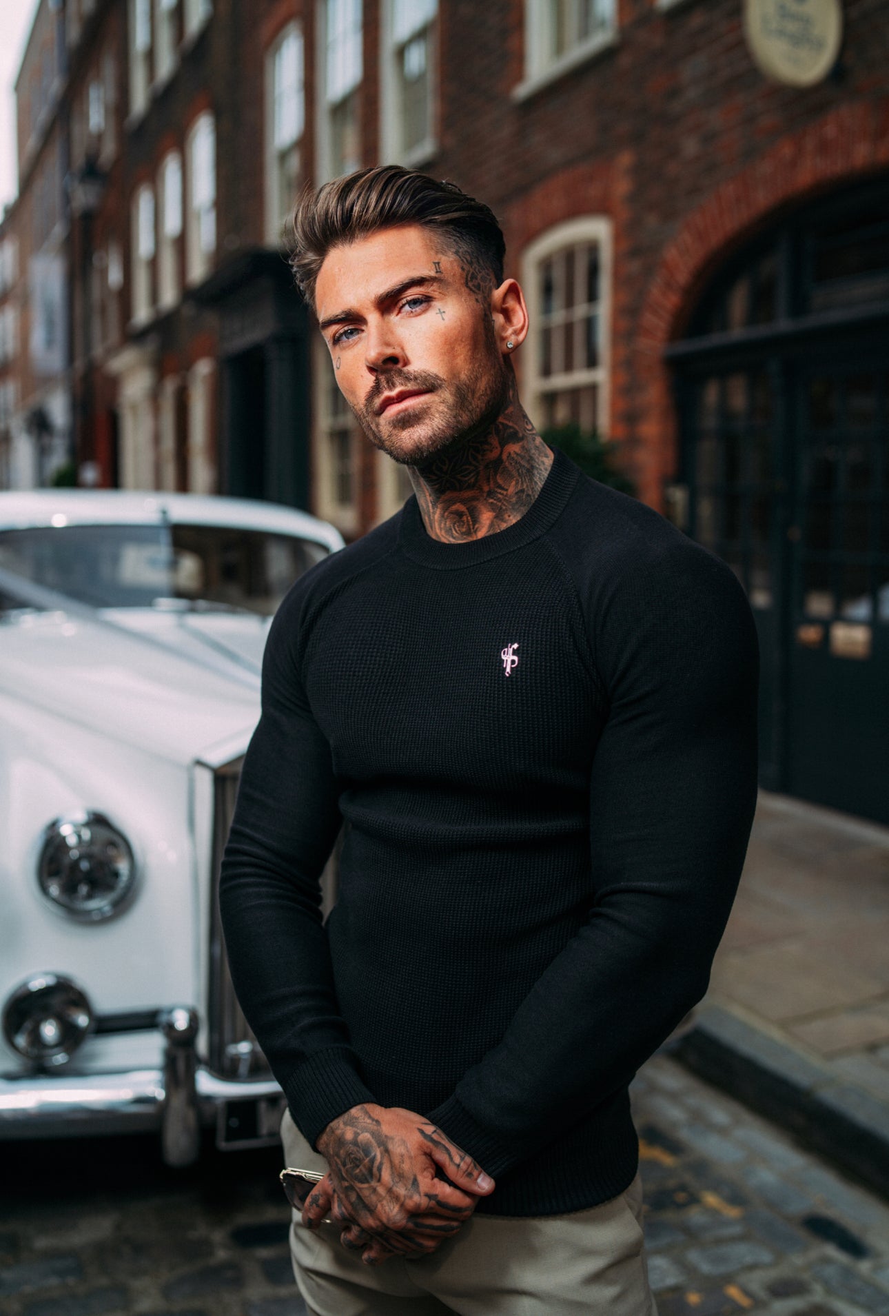 Black Knitted Honeycomb Raglan Crew Super Slim Jumper With Metal Decal - FSN059