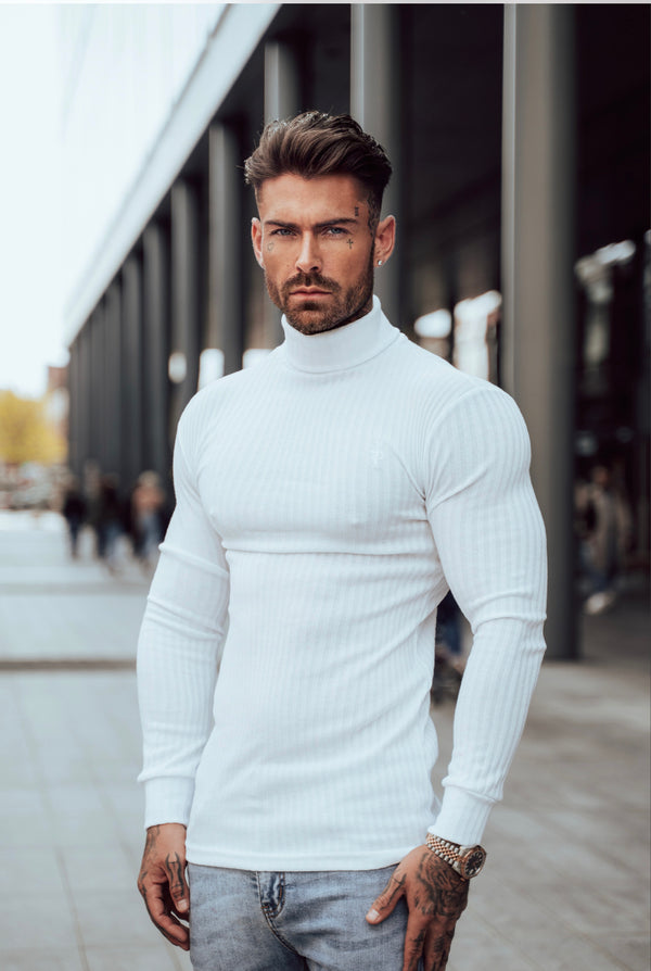 Father Sons Classic White Ribbed Knit Roll-neck Jumper - FSH592