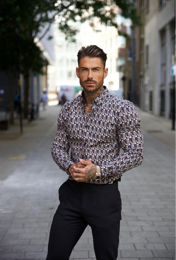 Father Sons Super Slim Stretch Black Multi Retro Print Long Sleeve with Button Down Collar - FS910