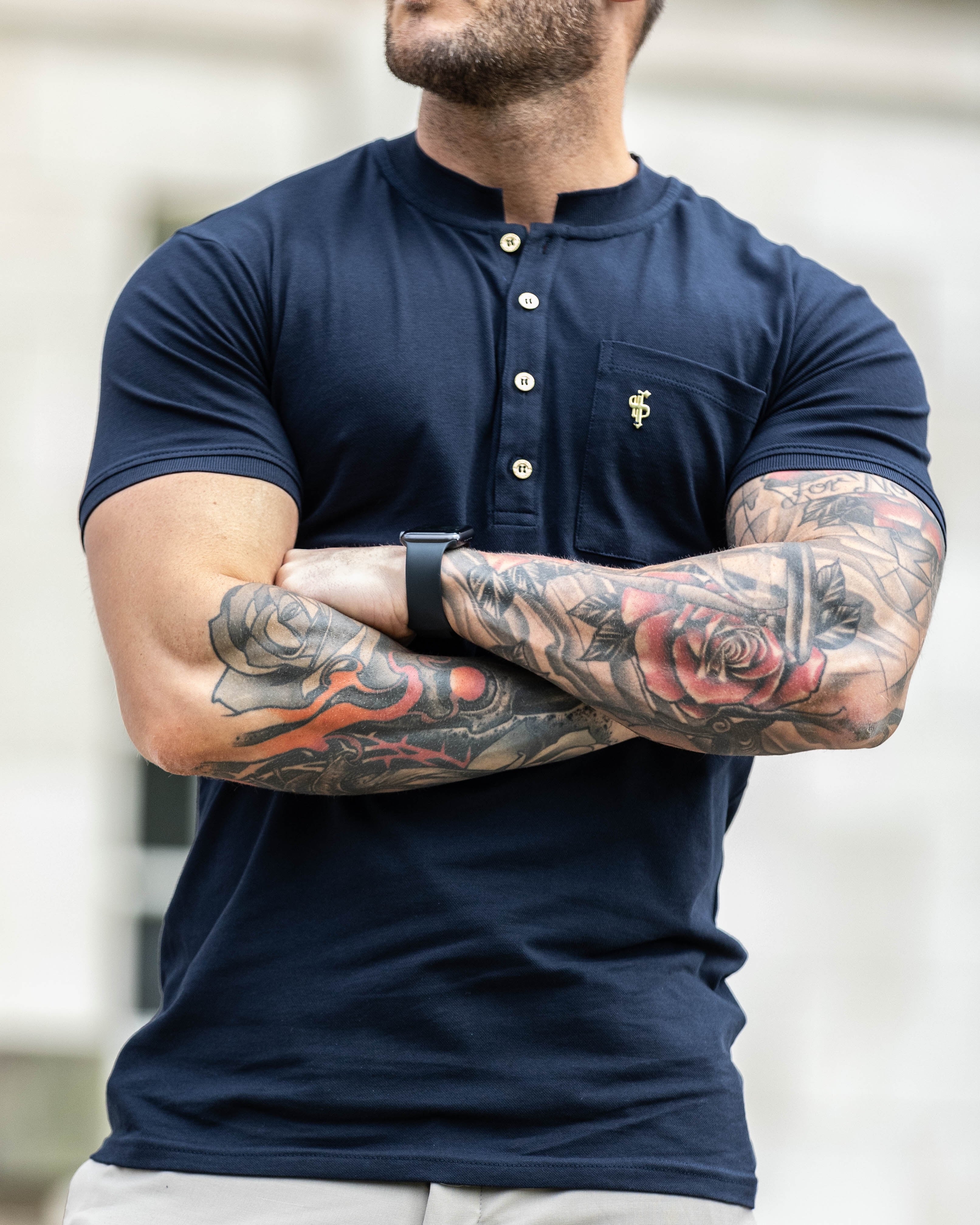 Classic Navy and Gold Grandad Polo Shirt With Pocket - FSH828