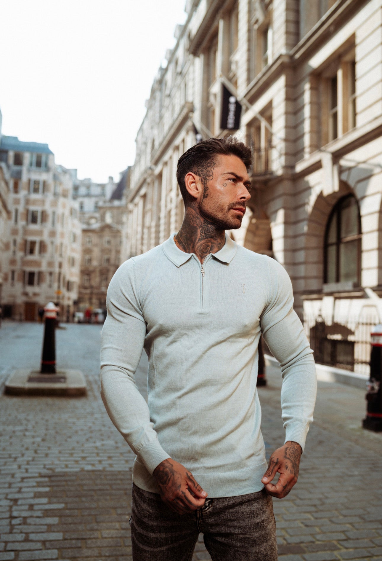 Classic Grey Merino Wool Knitted Zip Polo Long Sleeve Jumper With FS Embroidery- FSN009