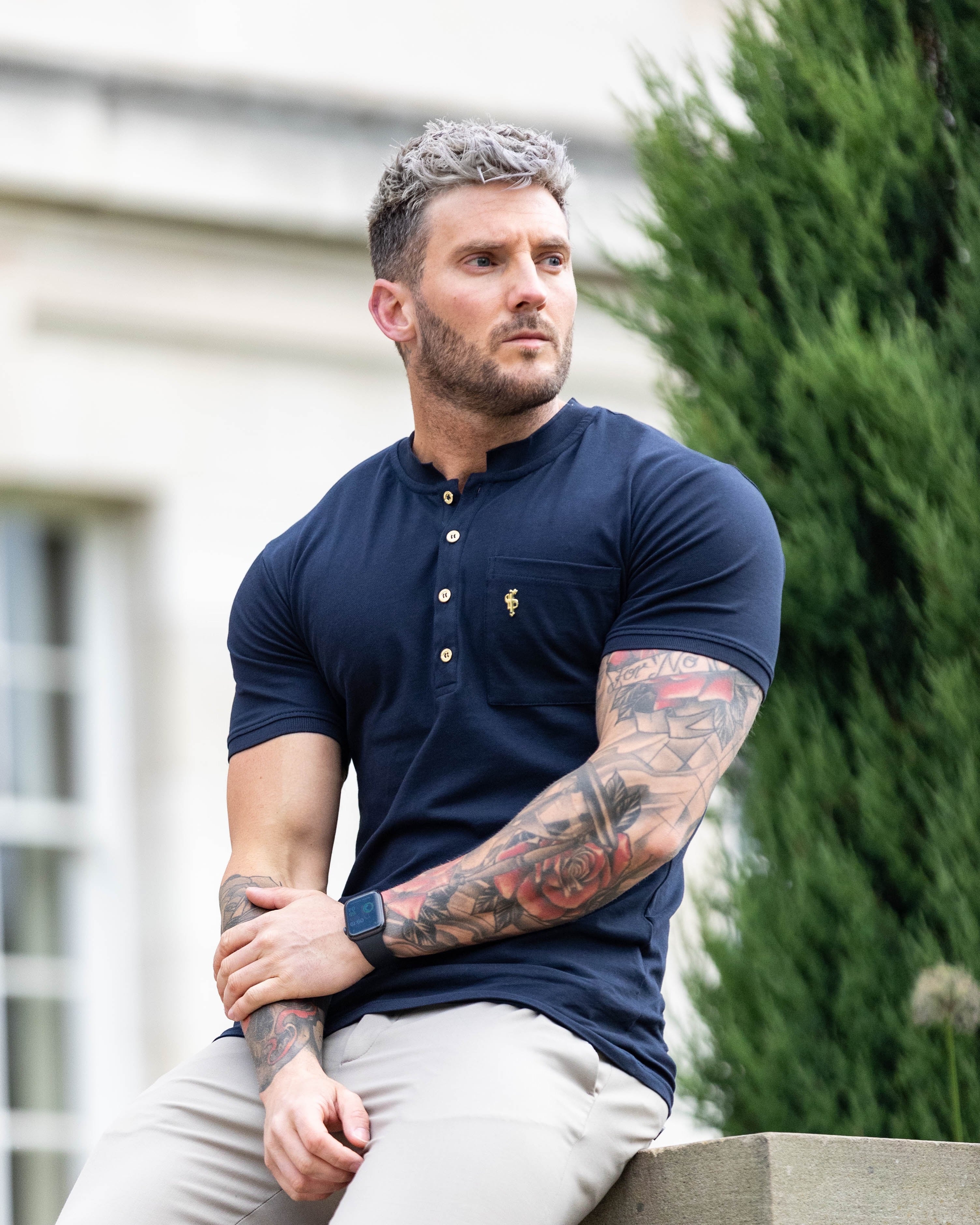 Classic Navy and Gold Grandad Polo Shirt With Pocket - FSH828