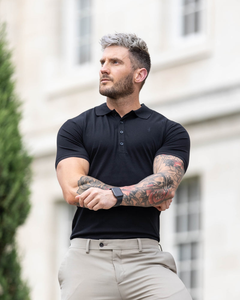 Father Sons Classic Black Polo Shirt with Tonal Button and Embroidery - FSH824