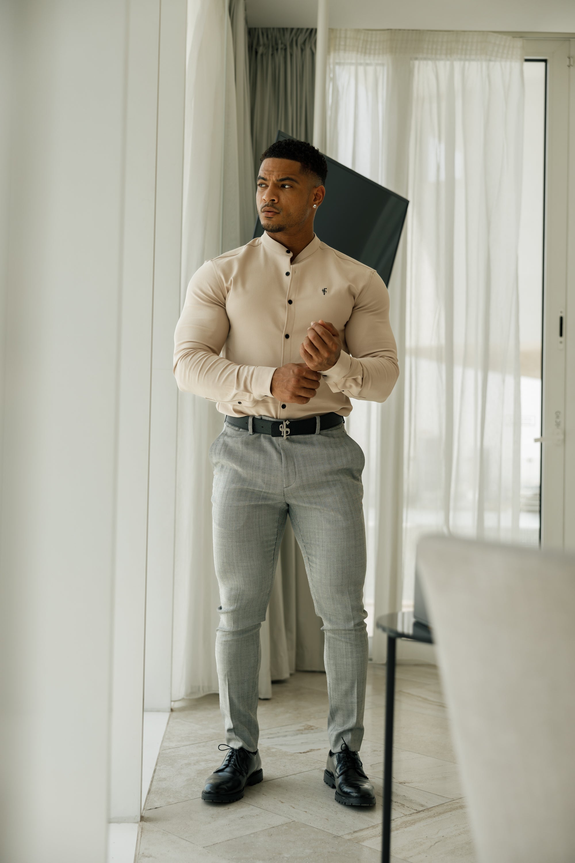 Slim Formal Black and White Herringbone Stretch Trousers - FST014