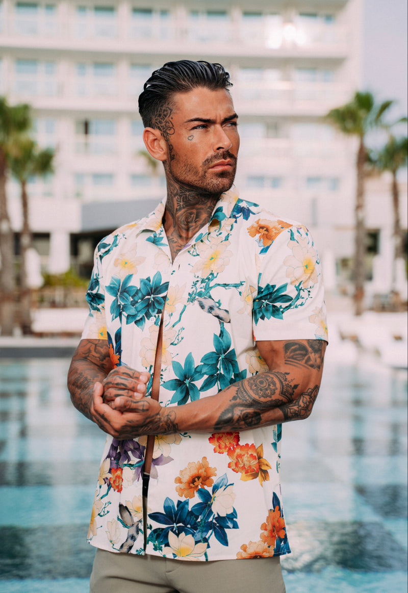 Father Sons Hawaiian Boxy Vibrant Floral Print Stretch with Revere Collar Short Sleeve - FS948