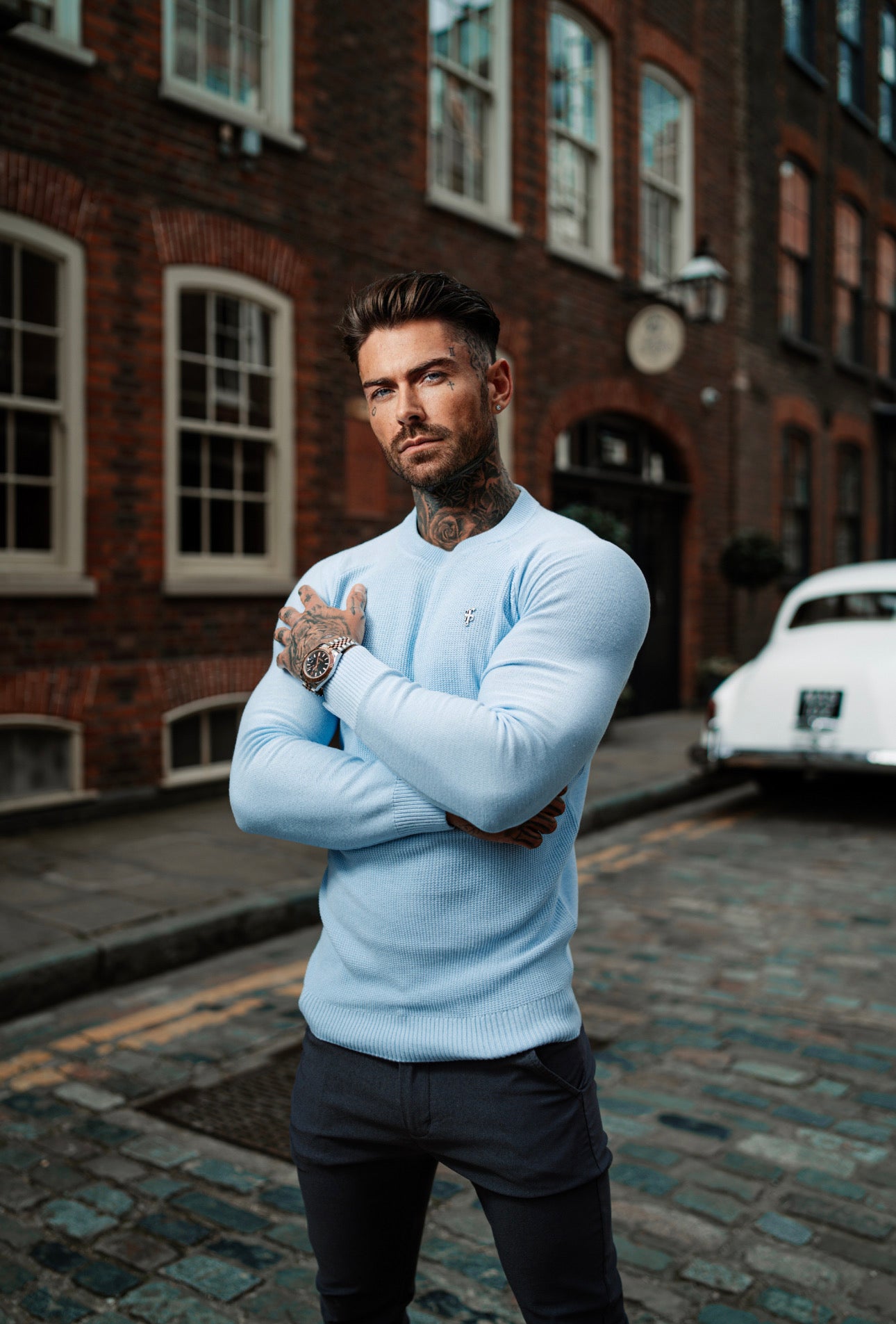 Sky Blue Knitted Honeycomb Raglan Crew Super Slim Jumper With Metal Decal - FSN067