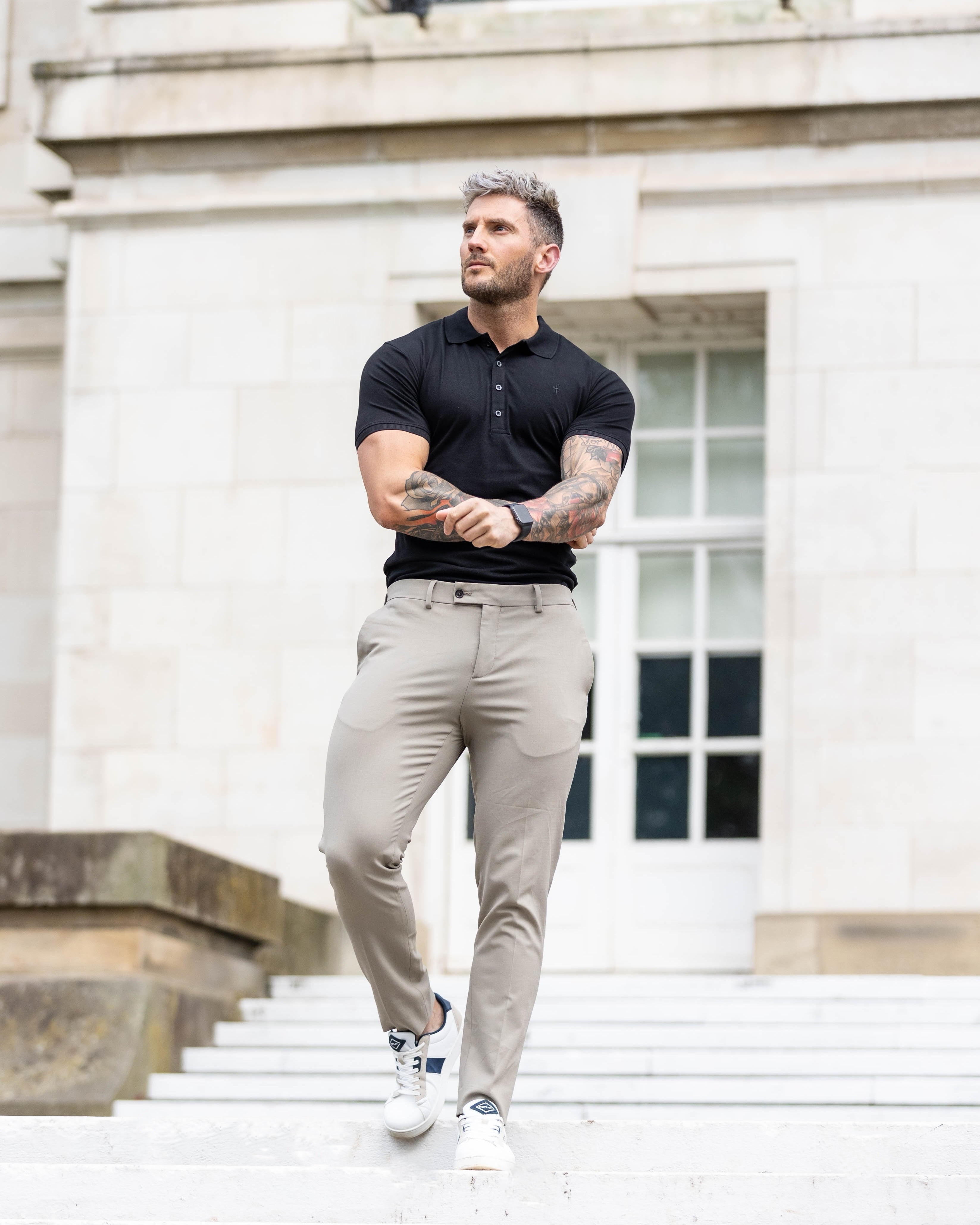 Classic Black Polo Shirt with Tonal Button and Embroidery - FSH824