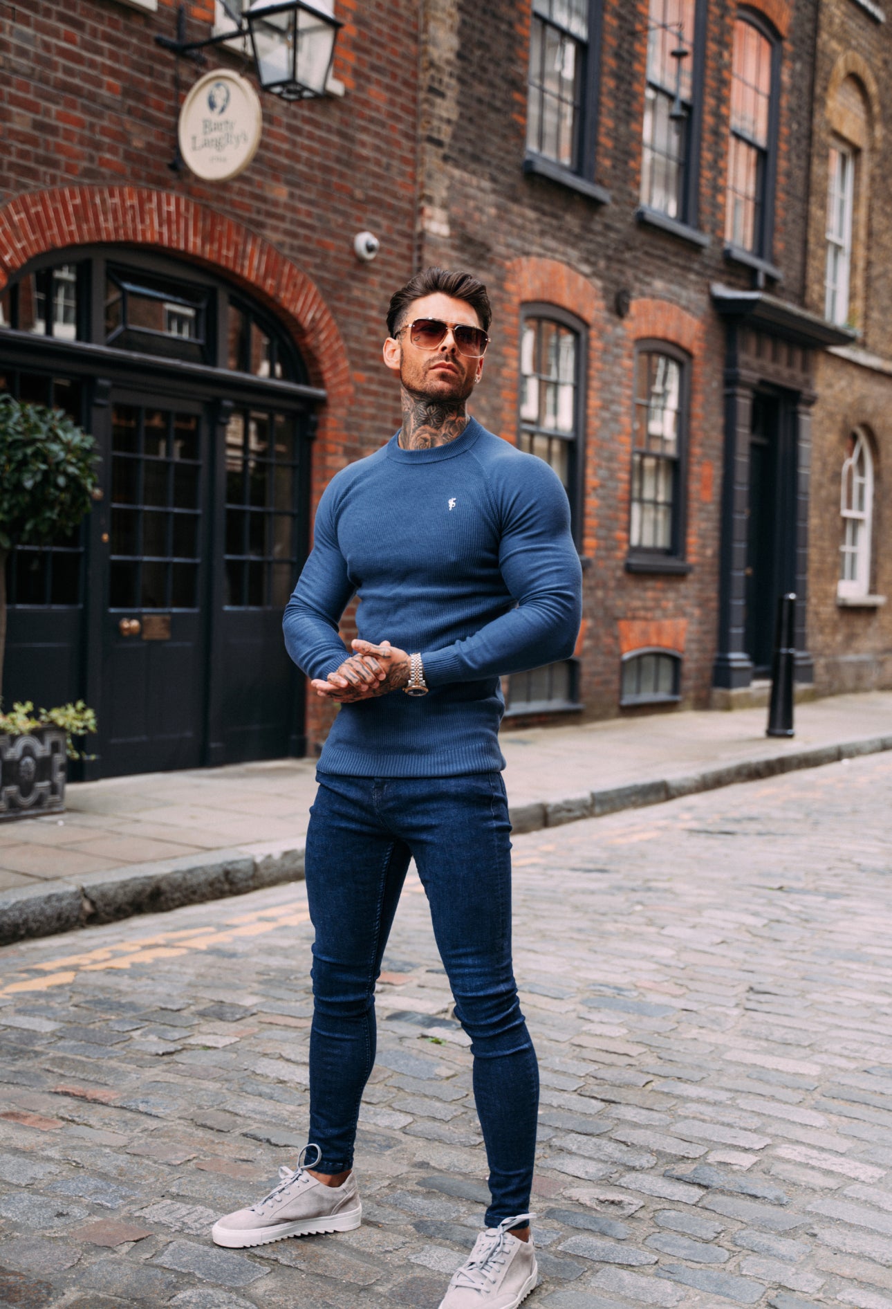 Air Force Blue Knitted Honeycomb Raglan Crew Super Slim Jumper With Metal Decal - FSN066