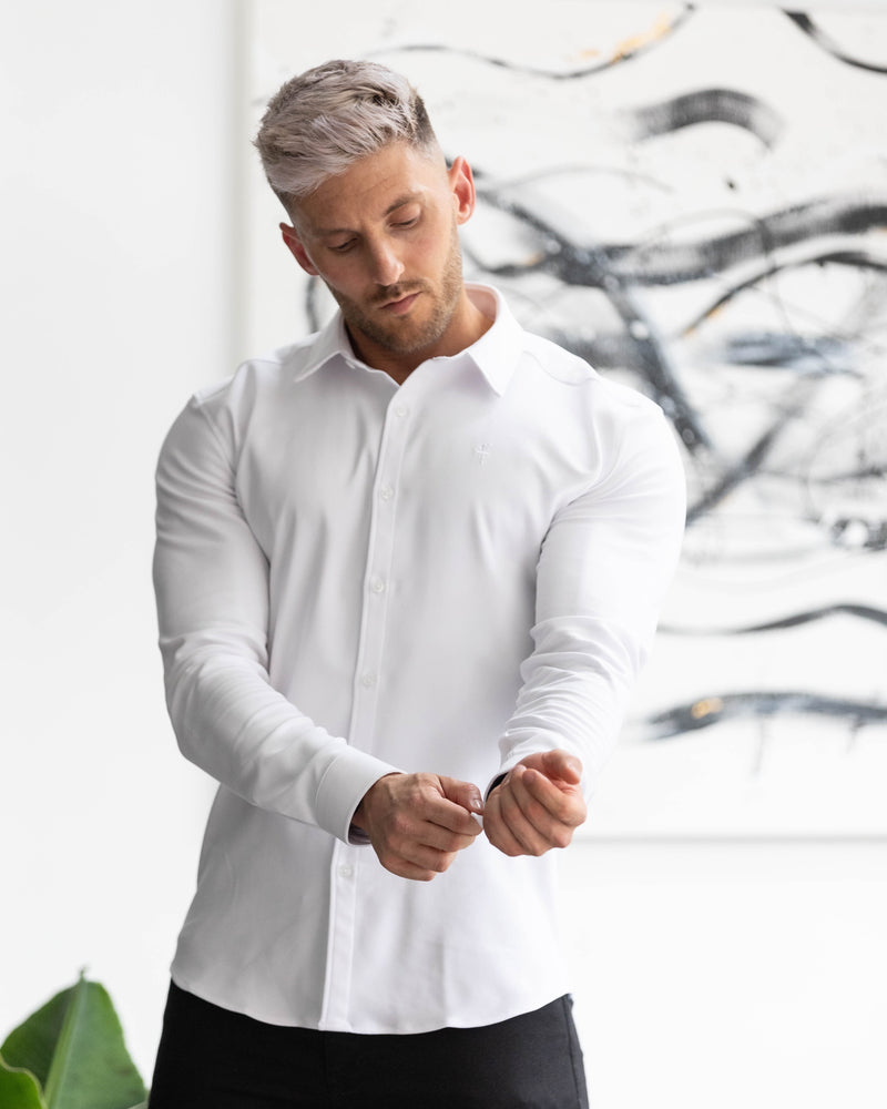 Father Sons Super Slim Scuba White Long Sleeve Stretch with Back Box Pleat and Side Seam Detail - FS942