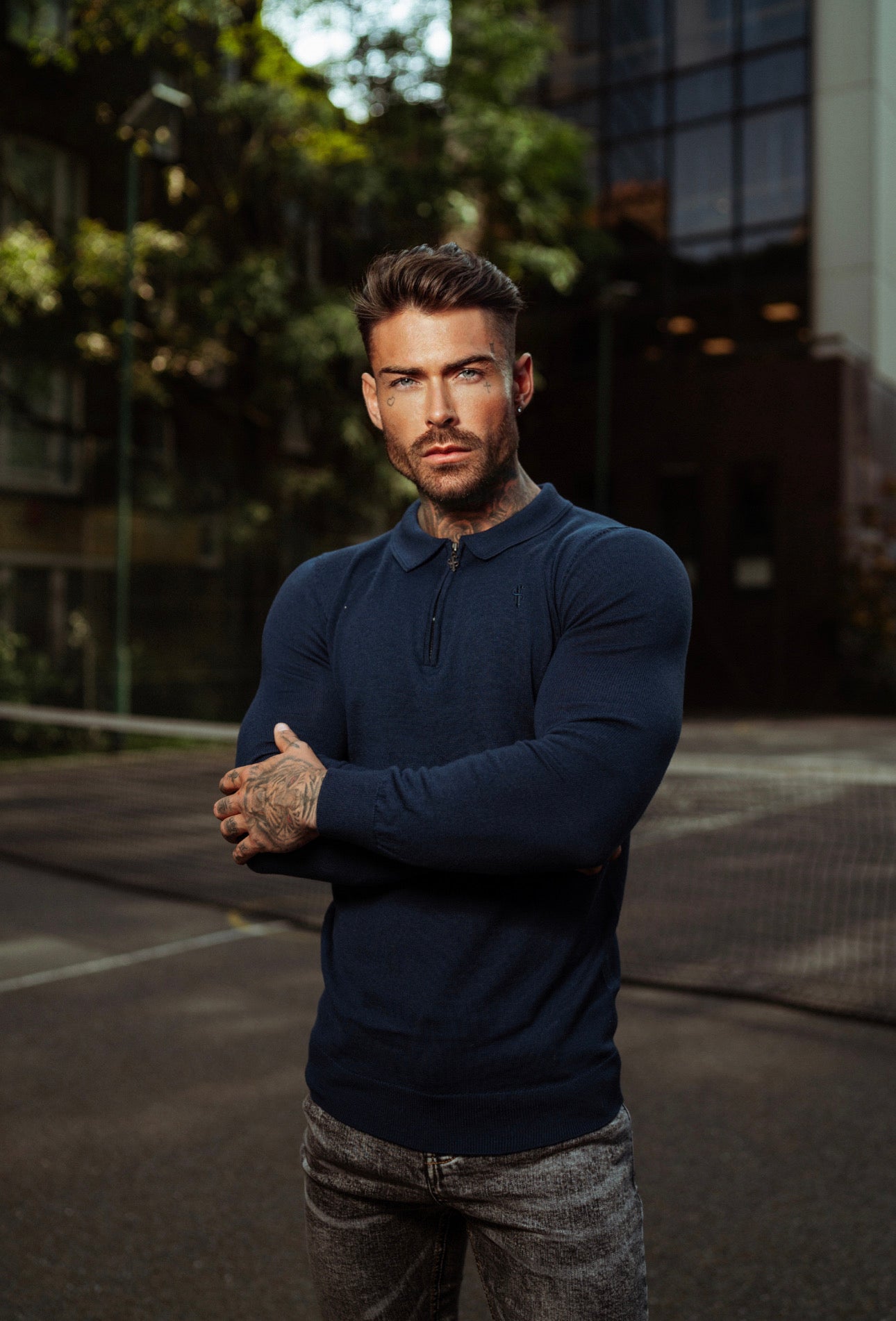 Classic Navy Merino Wool Knitted Zip Polo Long Sleeve Jumper With FS Embroidery- FSN007