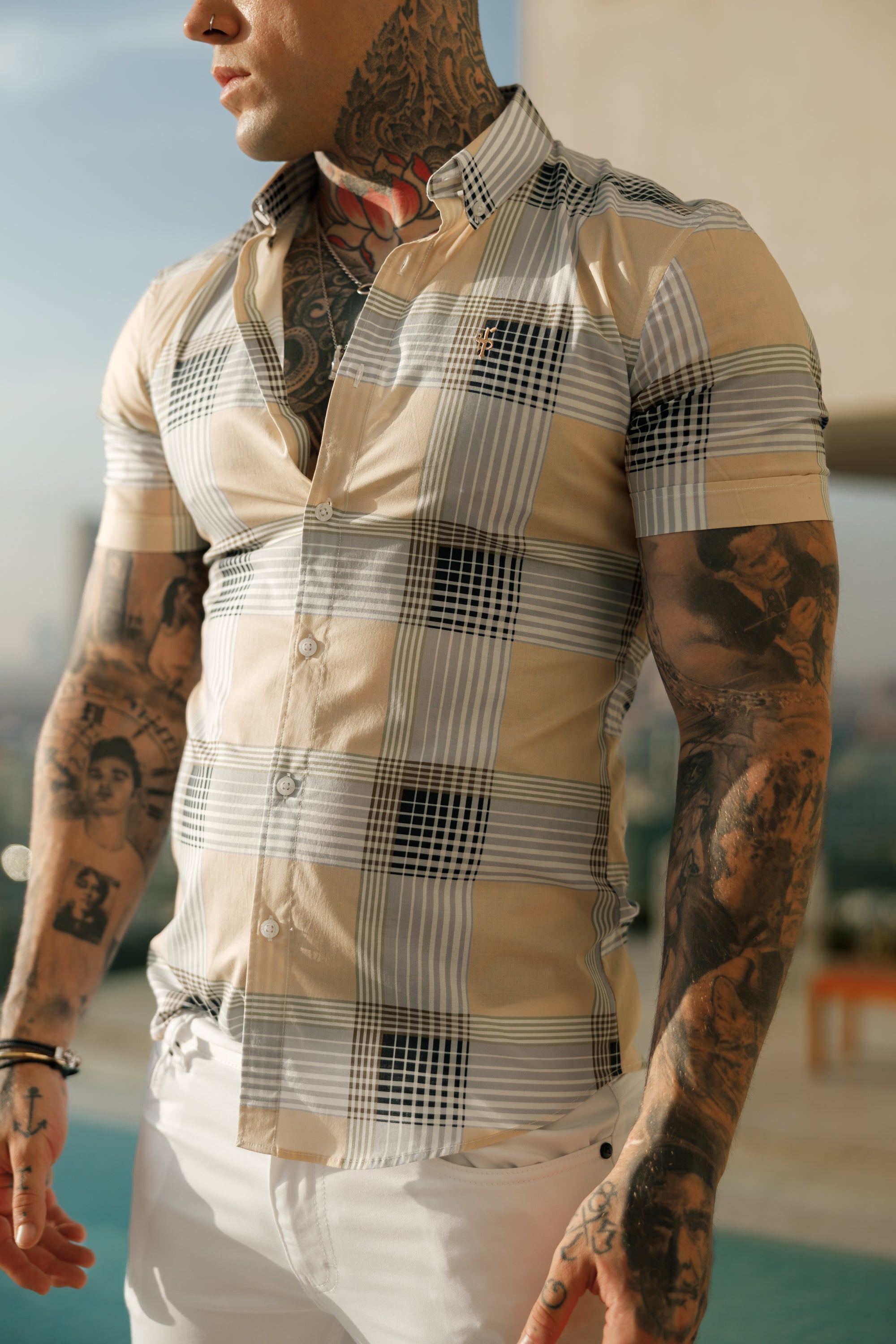 Super Slim Stretch Peach / Grey Check Print Short Sleeve with Button Down Collar - FS900