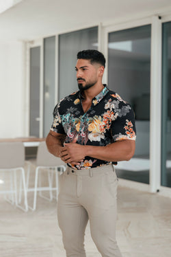 Father Sons Super Slim Stretch Black Mixed Lily Floral Print Short Sleeve with Button Down Collar - FS855