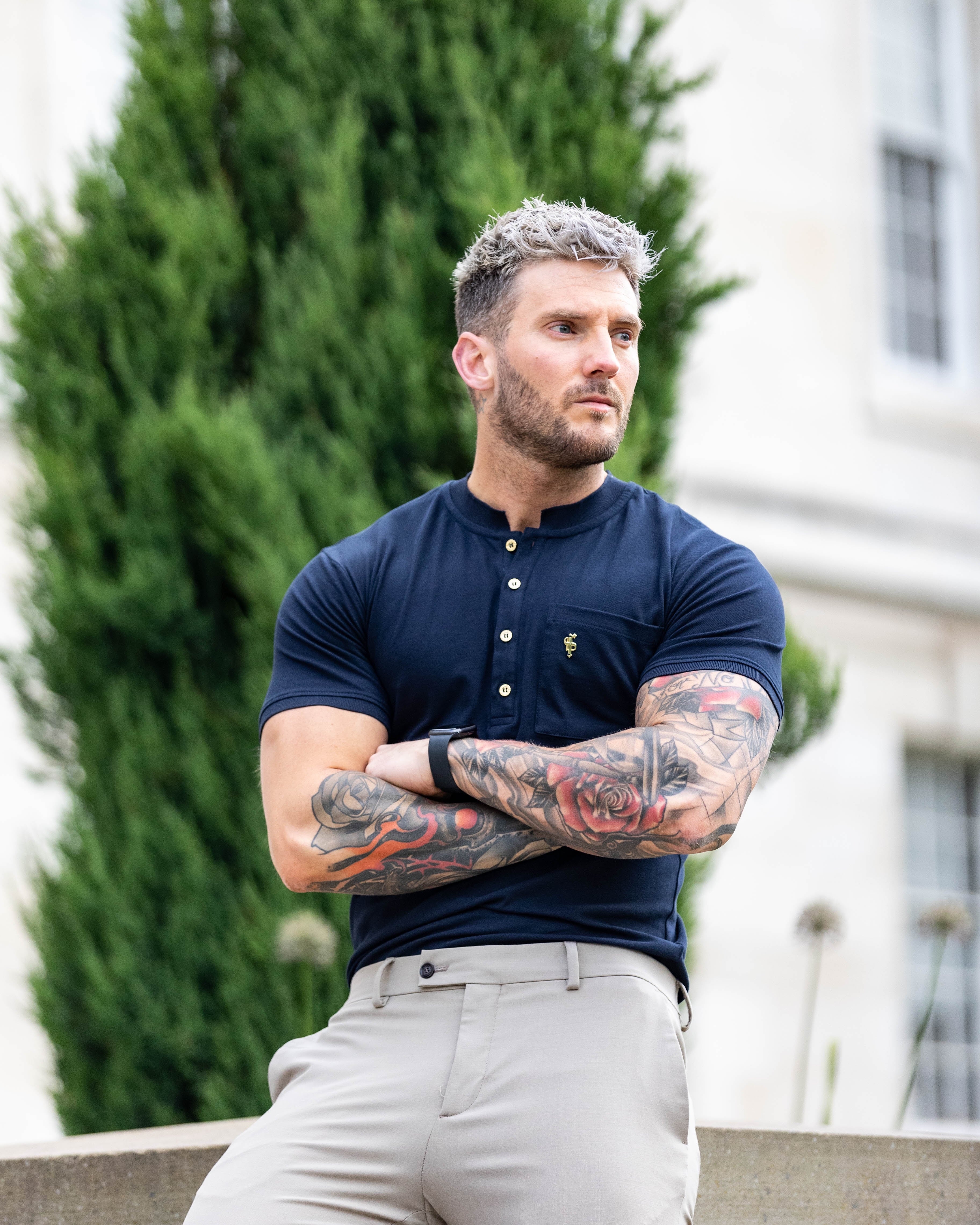 Classic Navy and Gold Grandad Polo Shirt With Pocket - FSH828