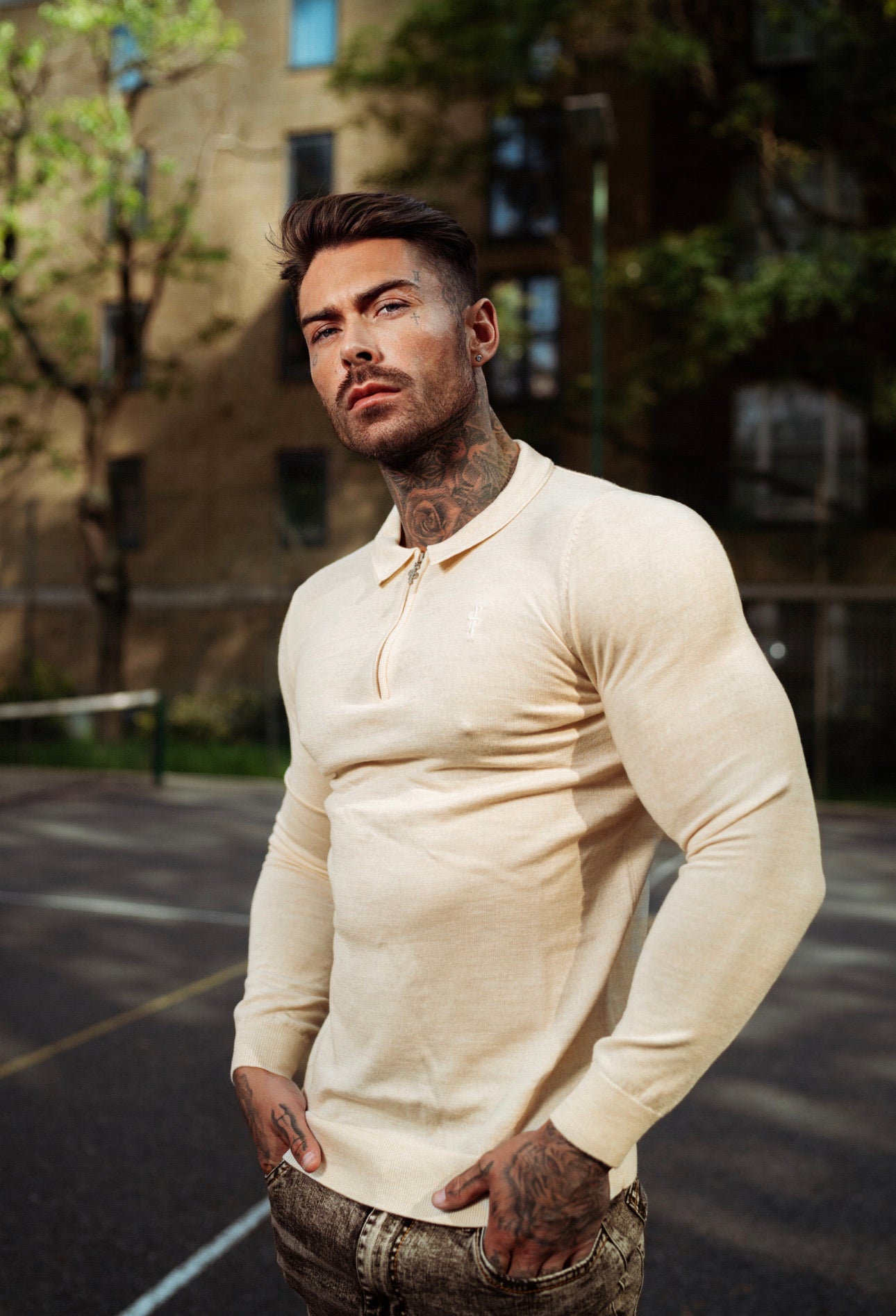 Classic Beige Merino Wool Knitted Zip Polo Long Sleeve Jumper With FS Embroidery- FSN008