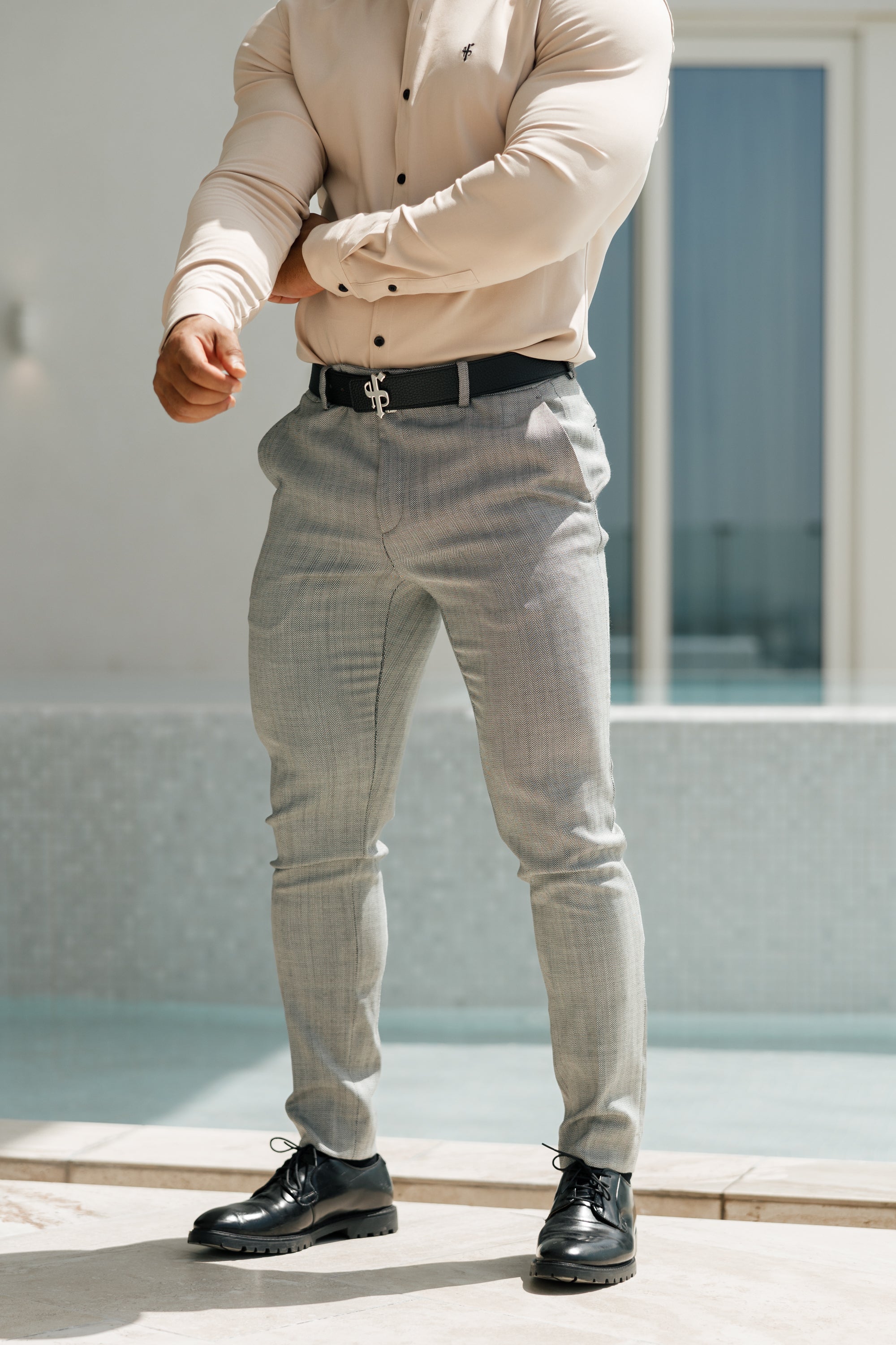 Slim Formal Black and White Herringbone Stretch Trousers - FST014