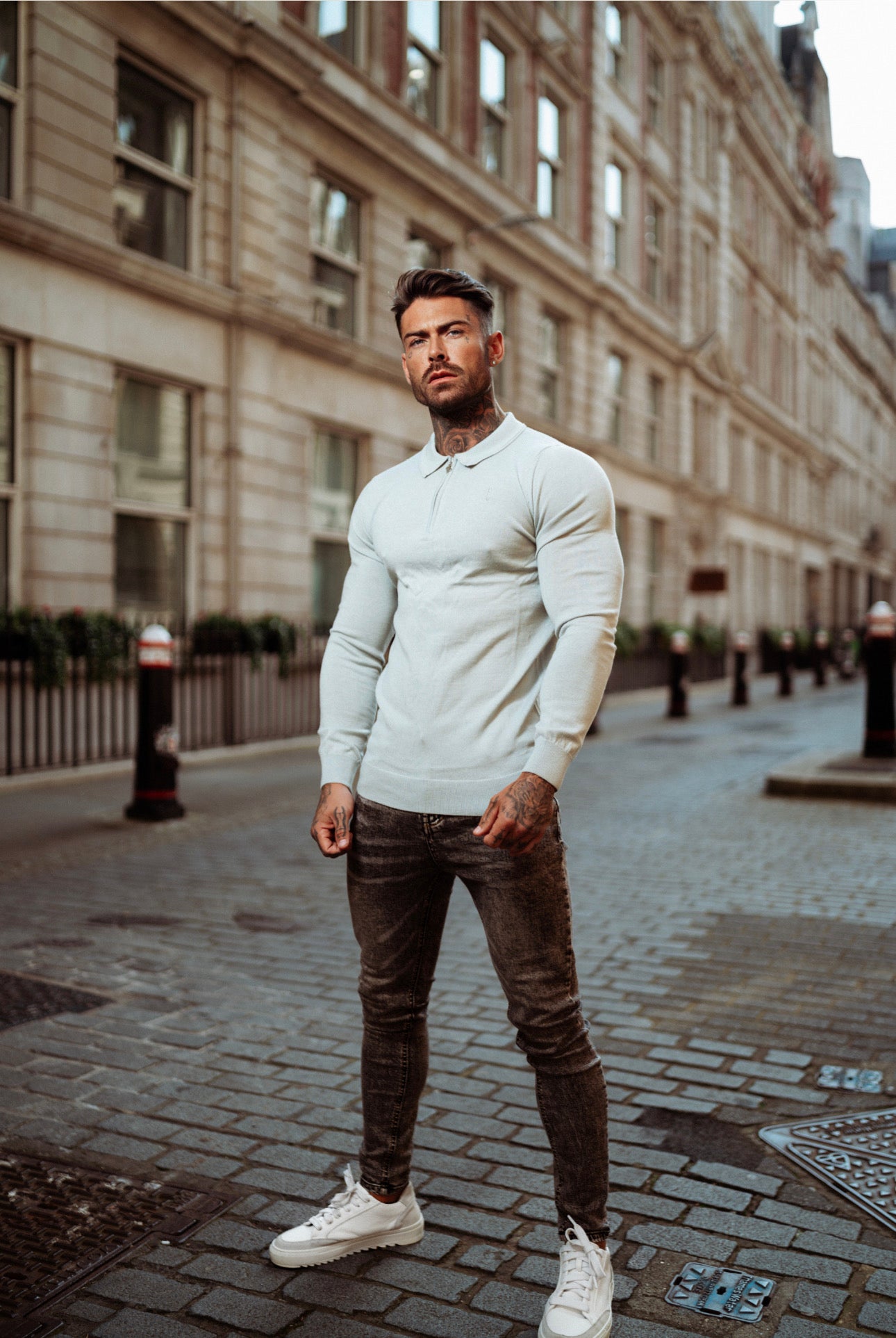Classic Grey Merino Wool Knitted Zip Polo Long Sleeve Jumper With FS Embroidery- FSN009