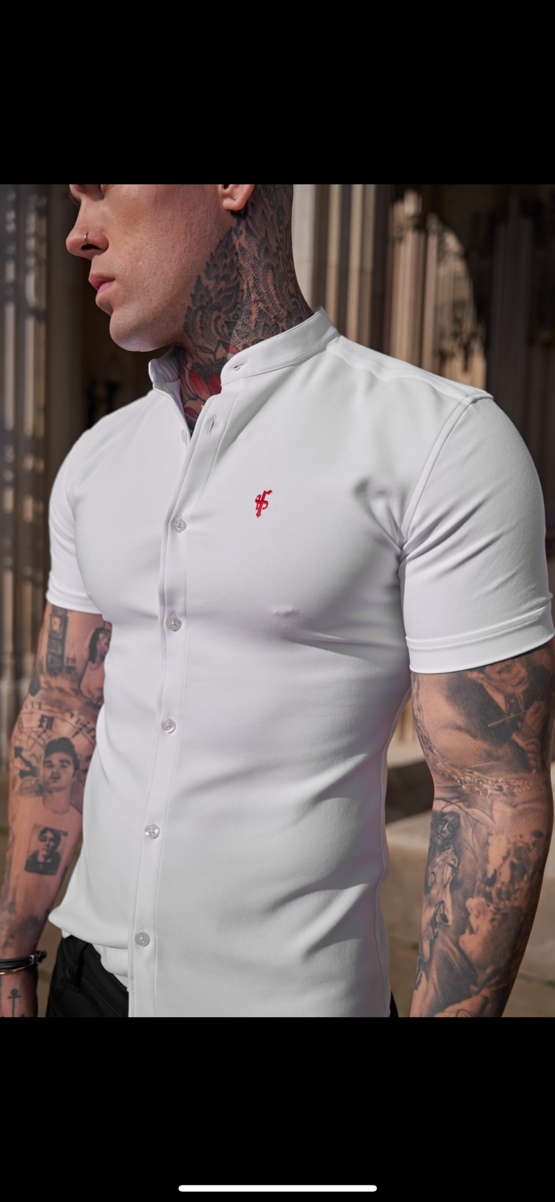 Father Sons Super Slim Scuba White / Red Short Sleeve Stretch With Grandad Collar - FS932
