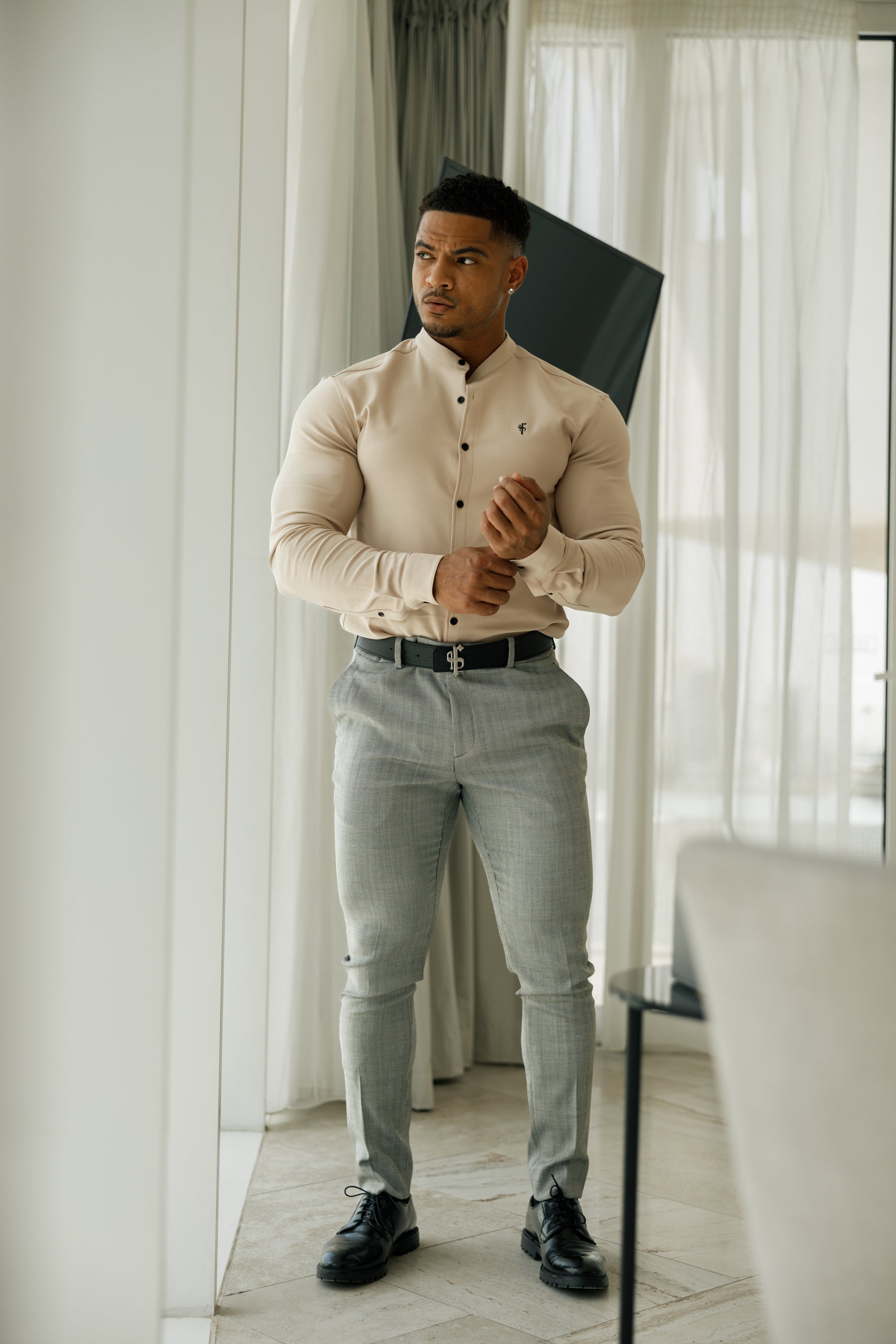 Slim Formal Black and White Herringbone Stretch Trousers - FST014