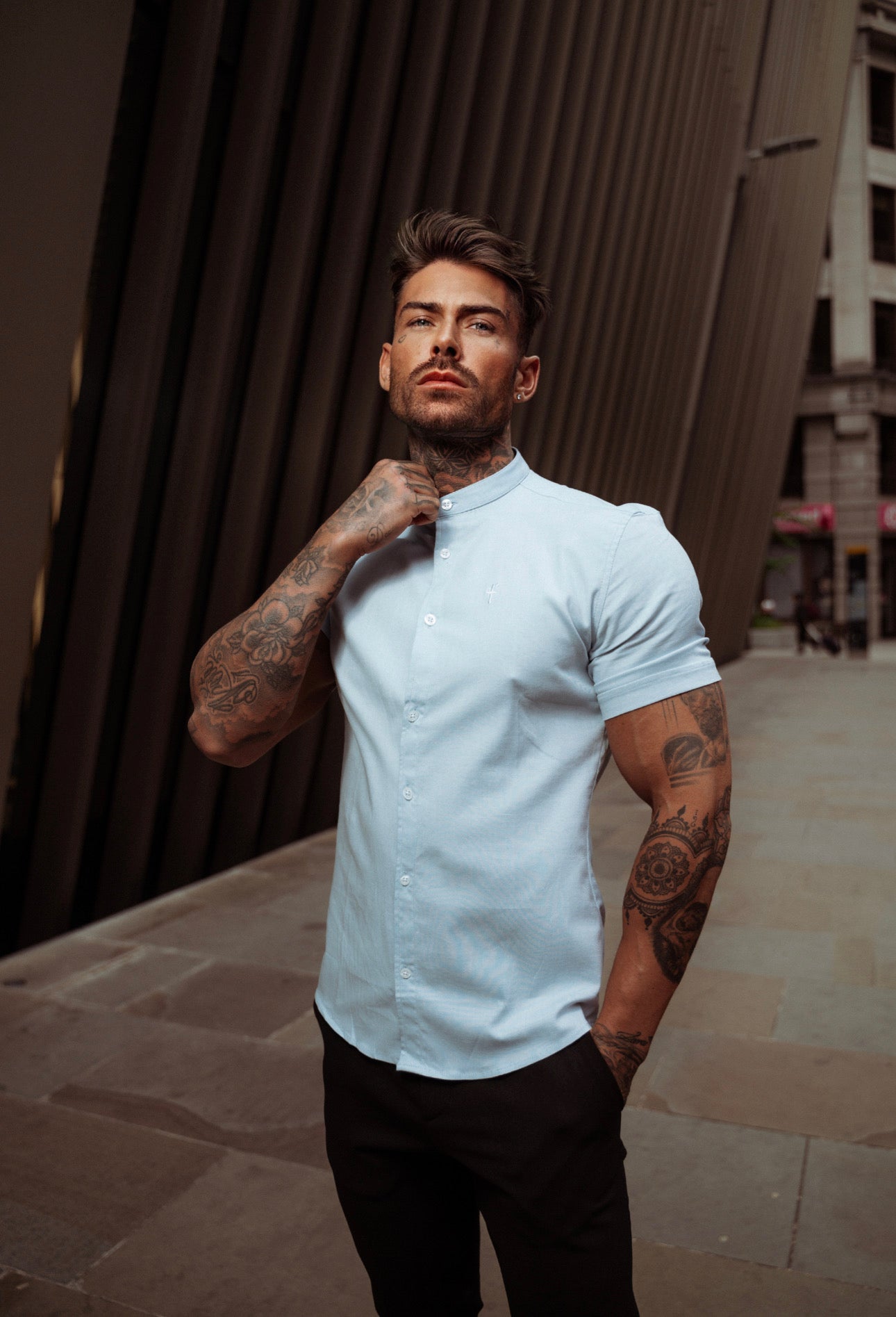 Super Slim Stretch Classic Oxford Light Blue Short Sleeve with Grandad Collar - FS937