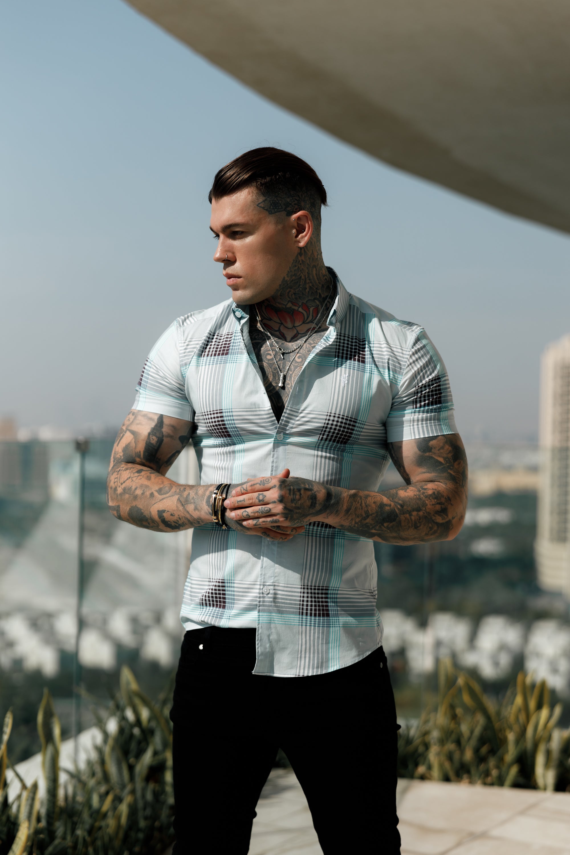 Super Slim Stretch Aqua Check Print Short Sleeve with Button Down Collar - FS915