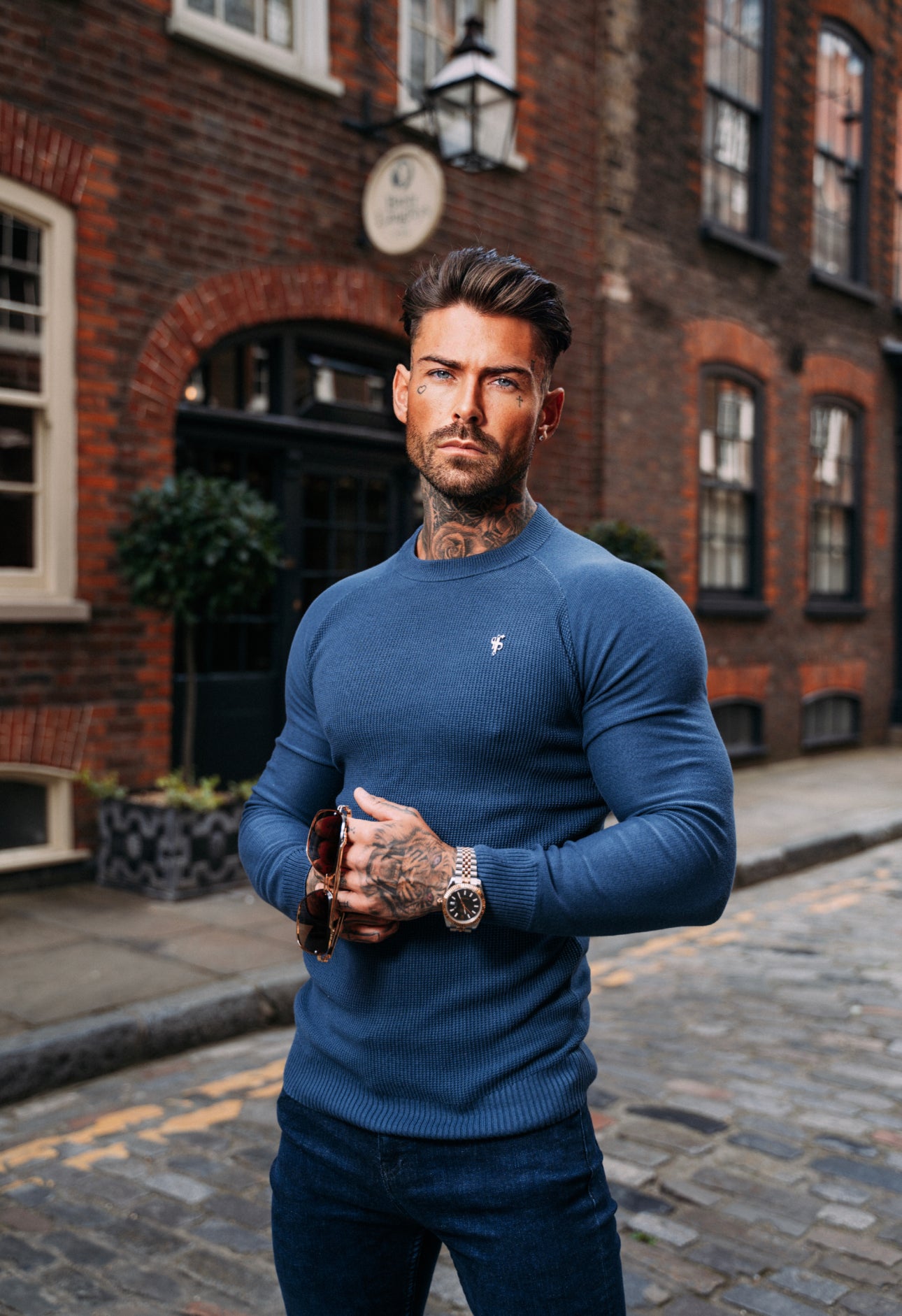 Air Force Blue Knitted Honeycomb Raglan Crew Super Slim Jumper With Metal Decal - FSN066