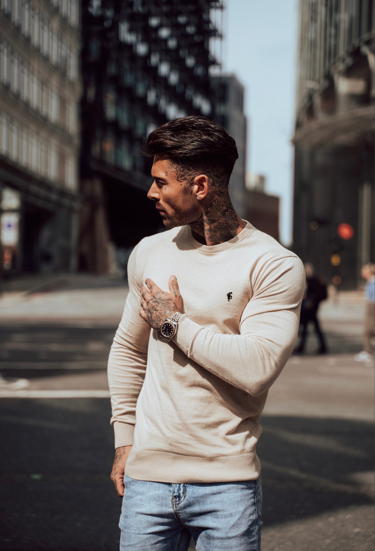 Classic Beige Light Weight Knitted Crew Neck with Black Metal Decal - FSN094