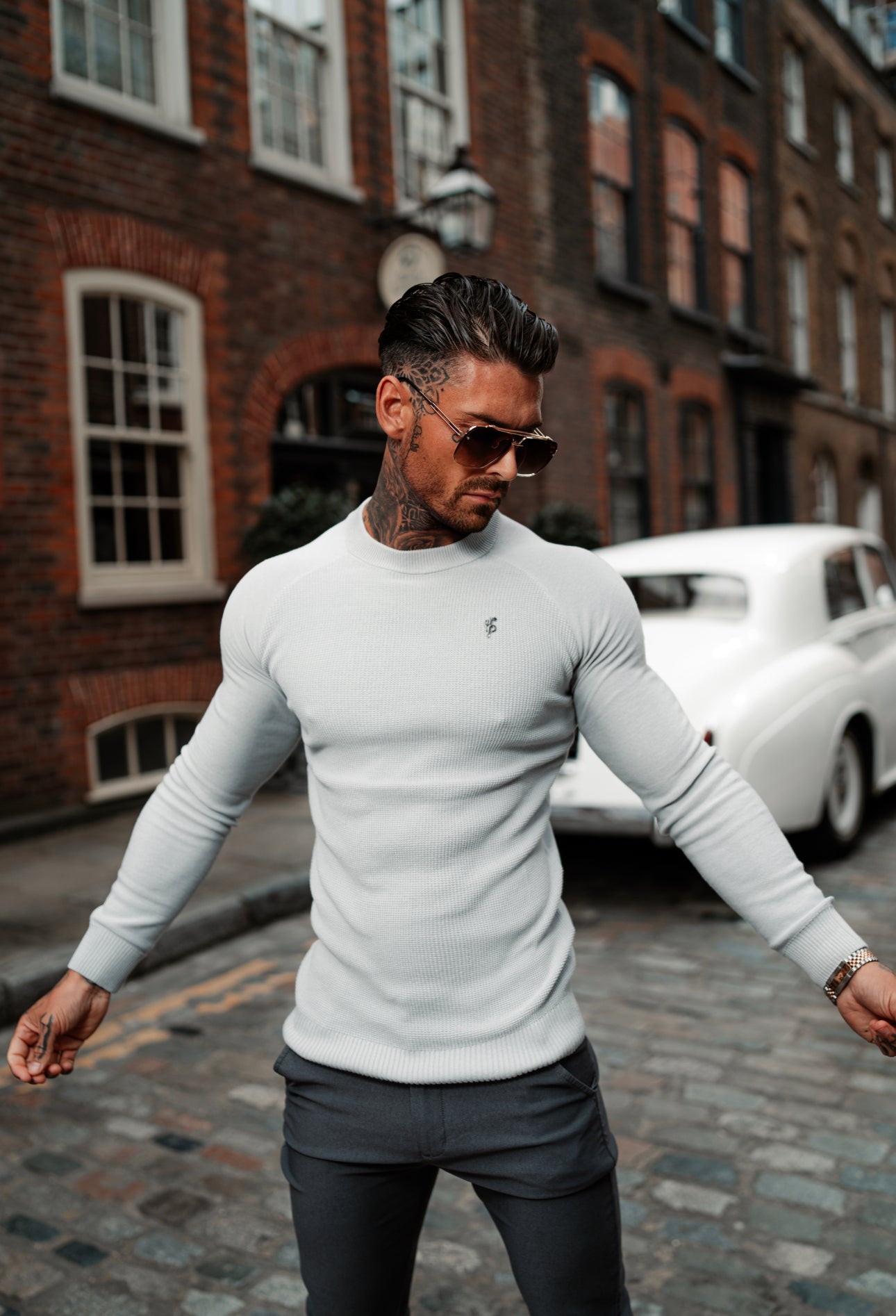 Grey Knitted Honeycomb Raglan Crew Super Slim Jumper With Metal Decal - FSN063