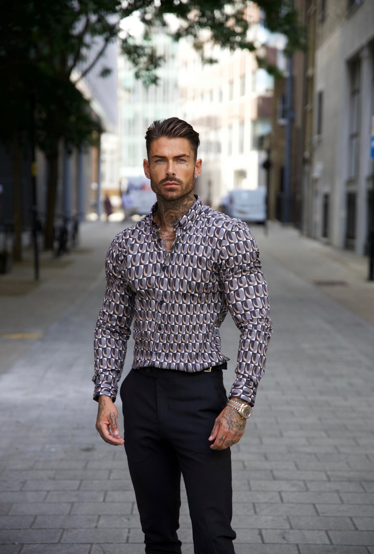 Super Slim Stretch Black Multi Retro Print Long Sleeve with Button Down Collar - FS910