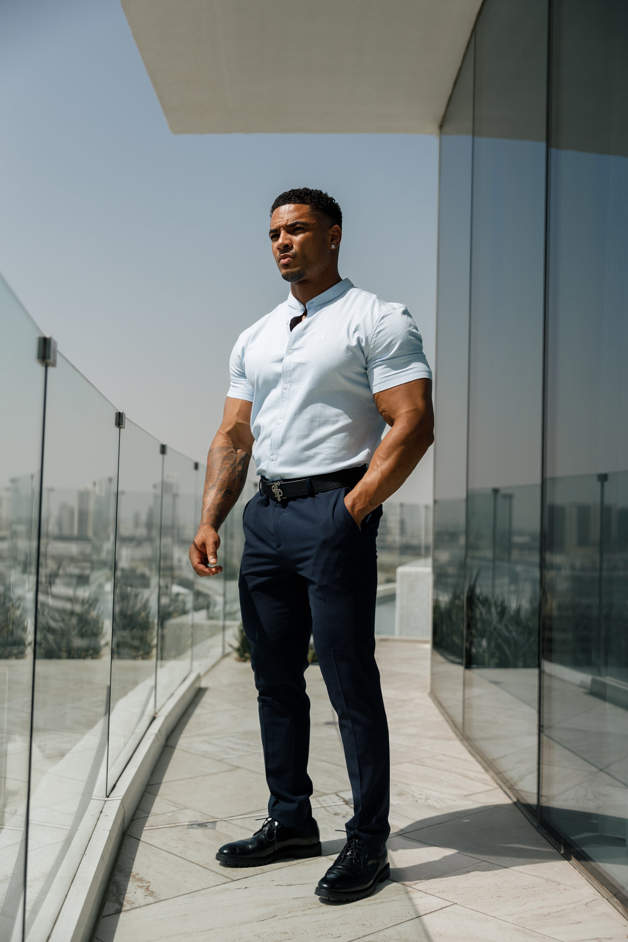 Super Slim Stretch Classic Oxford Light Blue Short Sleeve with Grandad Collar - FS937