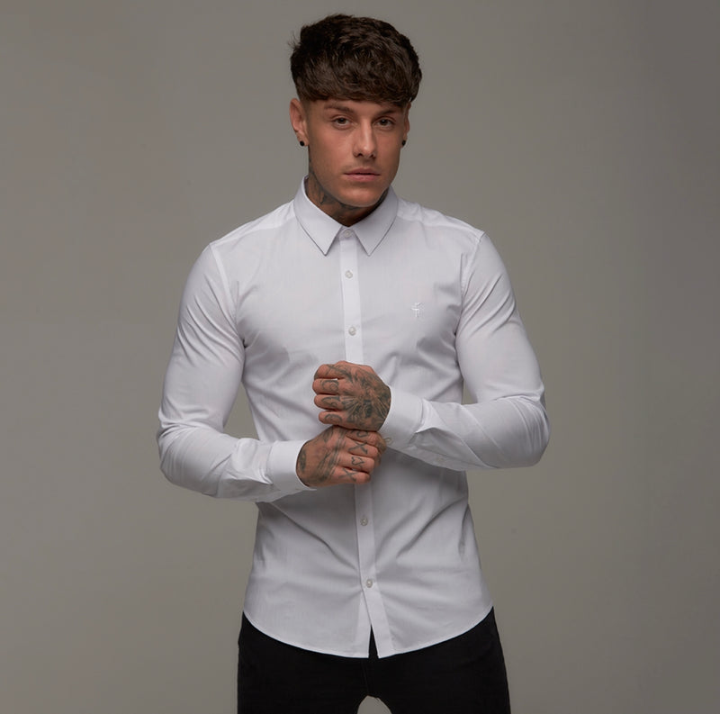 Father Sons Super Slim Stretch White Tonal Buttons and Embroidery Long Sleeve - FS890