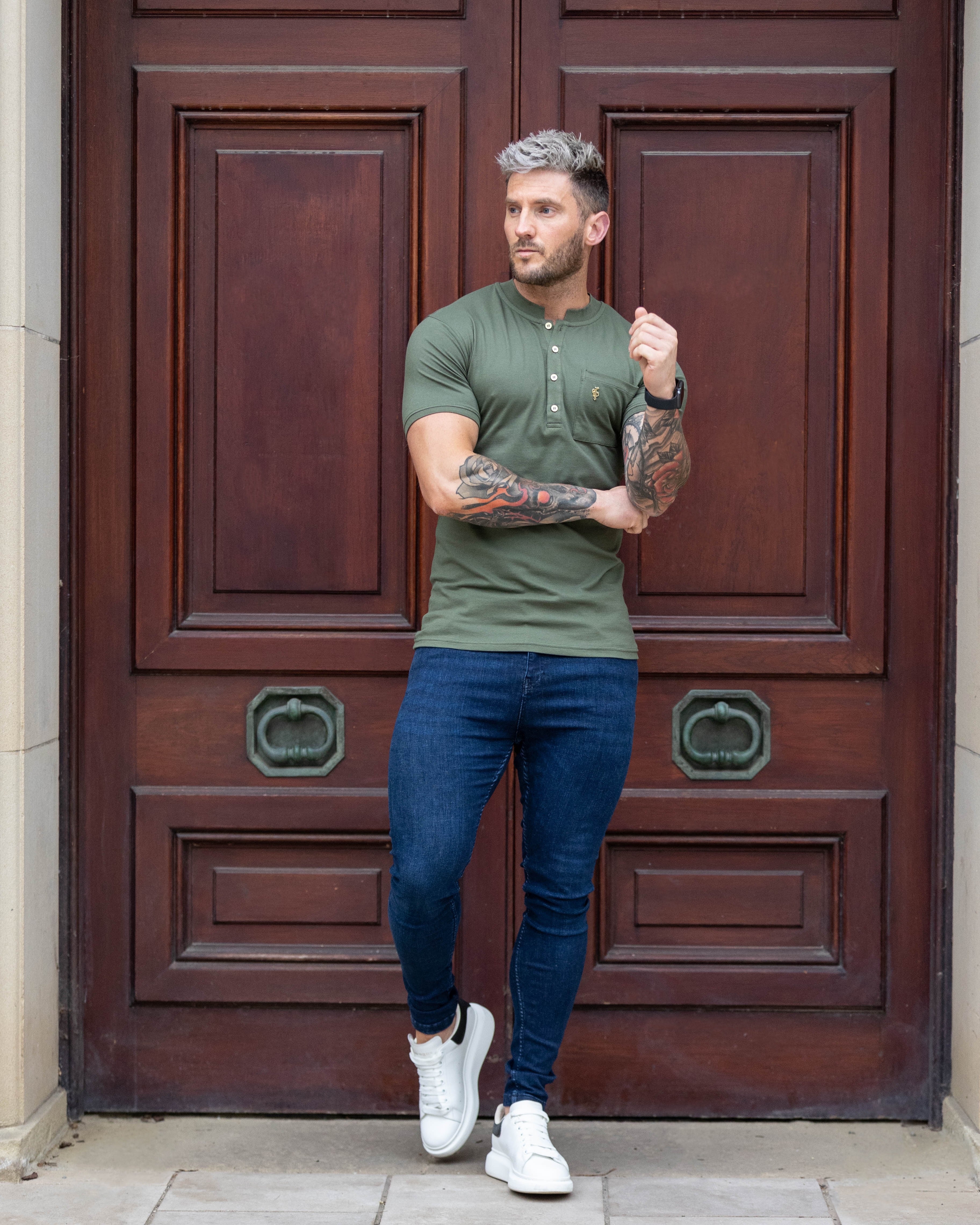 Classic Khaki and Gold Grandad Polo Shirt With Pocket - FSH829