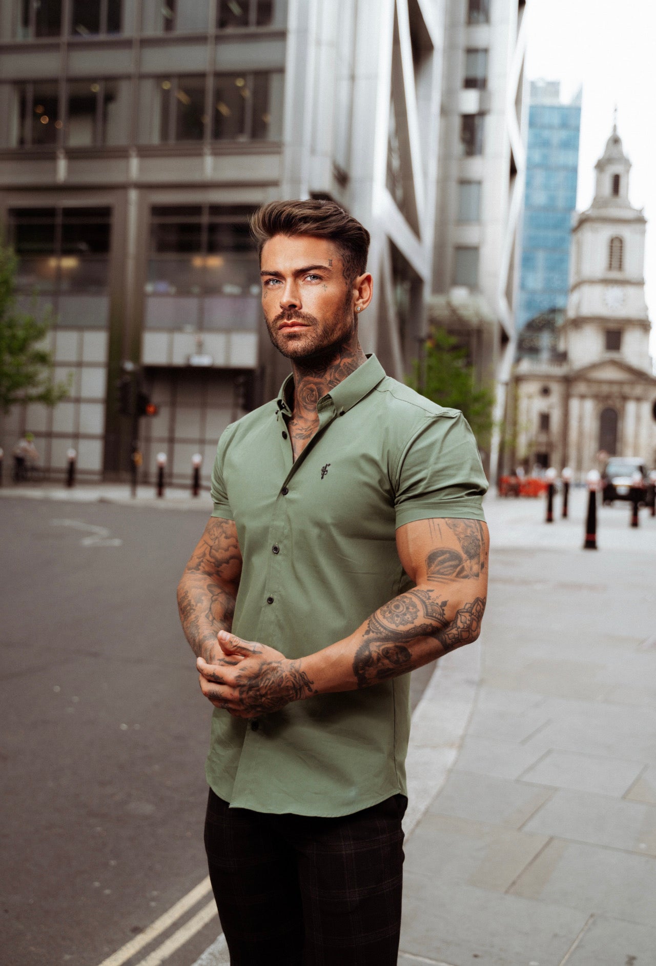 Super Slim Stretch Classic Khaki Short Sleeve With Button Down Collar -  FS818