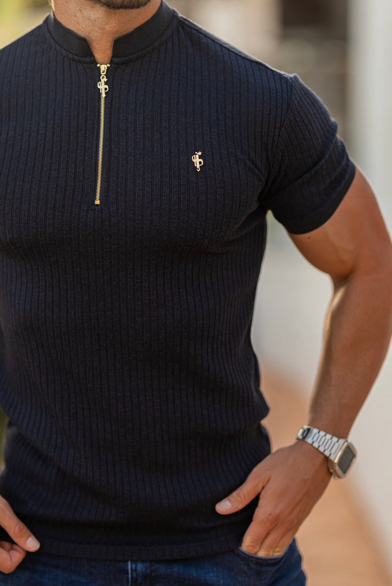Father Sons Classic Navy Ribbed Zip Grandad Collar Shirt Short Sleeve - FSH773