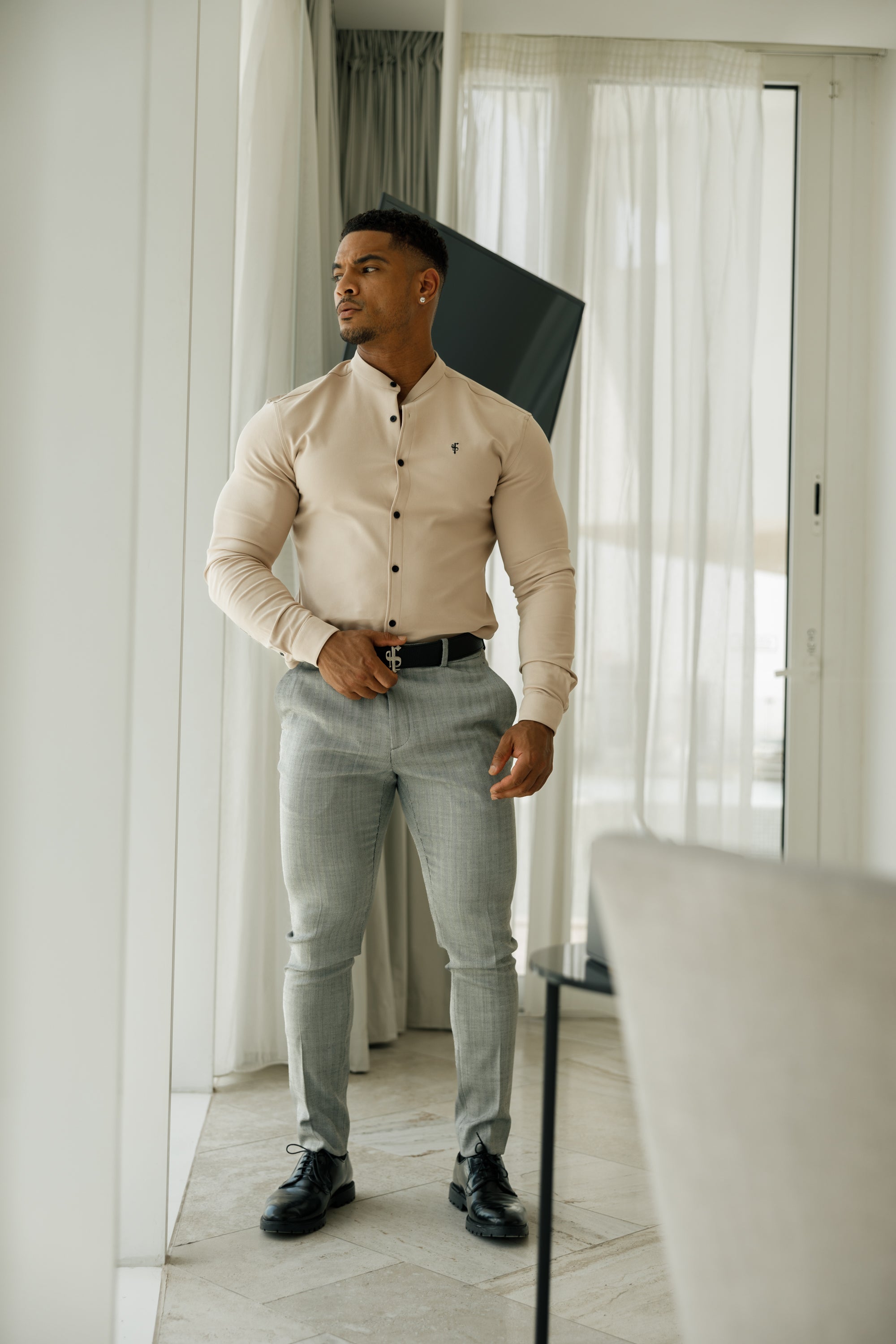 Slim Formal Black and White Herringbone Stretch Trousers - FST014